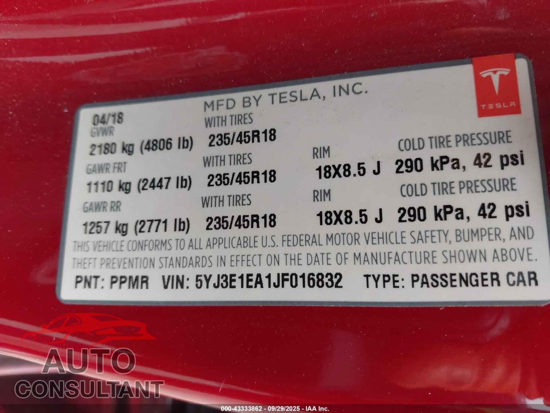 TESLA MODEL 3 2018 - 5YJ3E1EA1JF016832