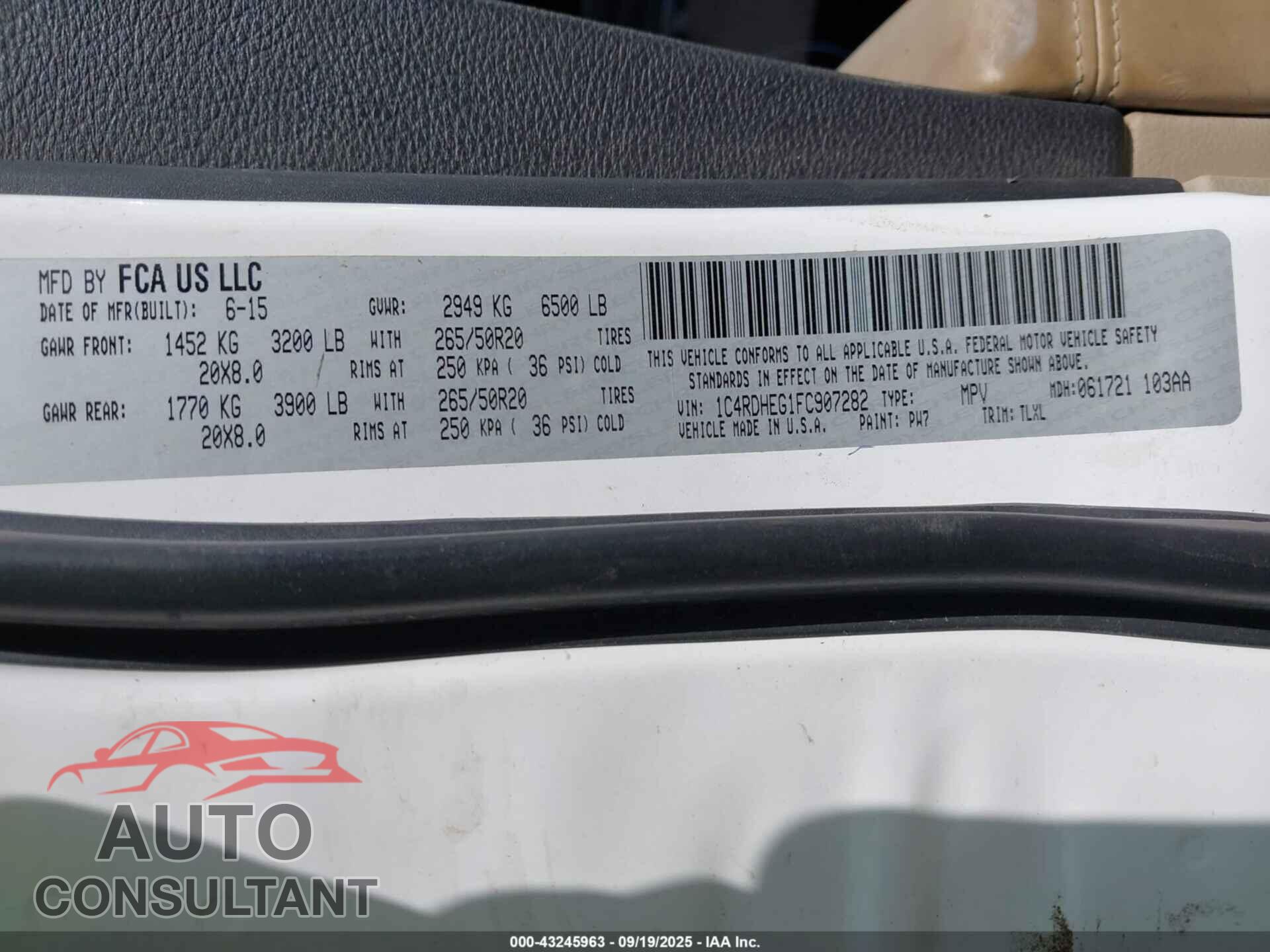 DODGE DURANGO 2015 - 1C4RDHEG1FC907282