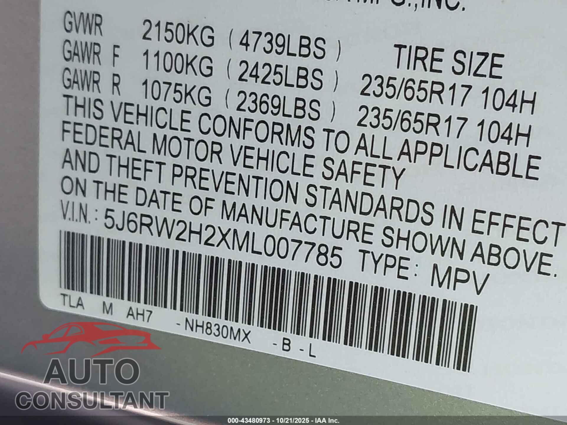 HONDA CR-V 2021 - 5J6RW2H2XML007785