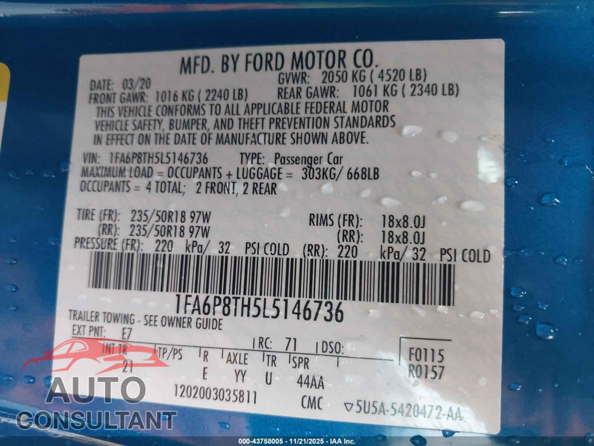 FORD MUSTANG 2020 - 1FA6P8TH5L5146736
