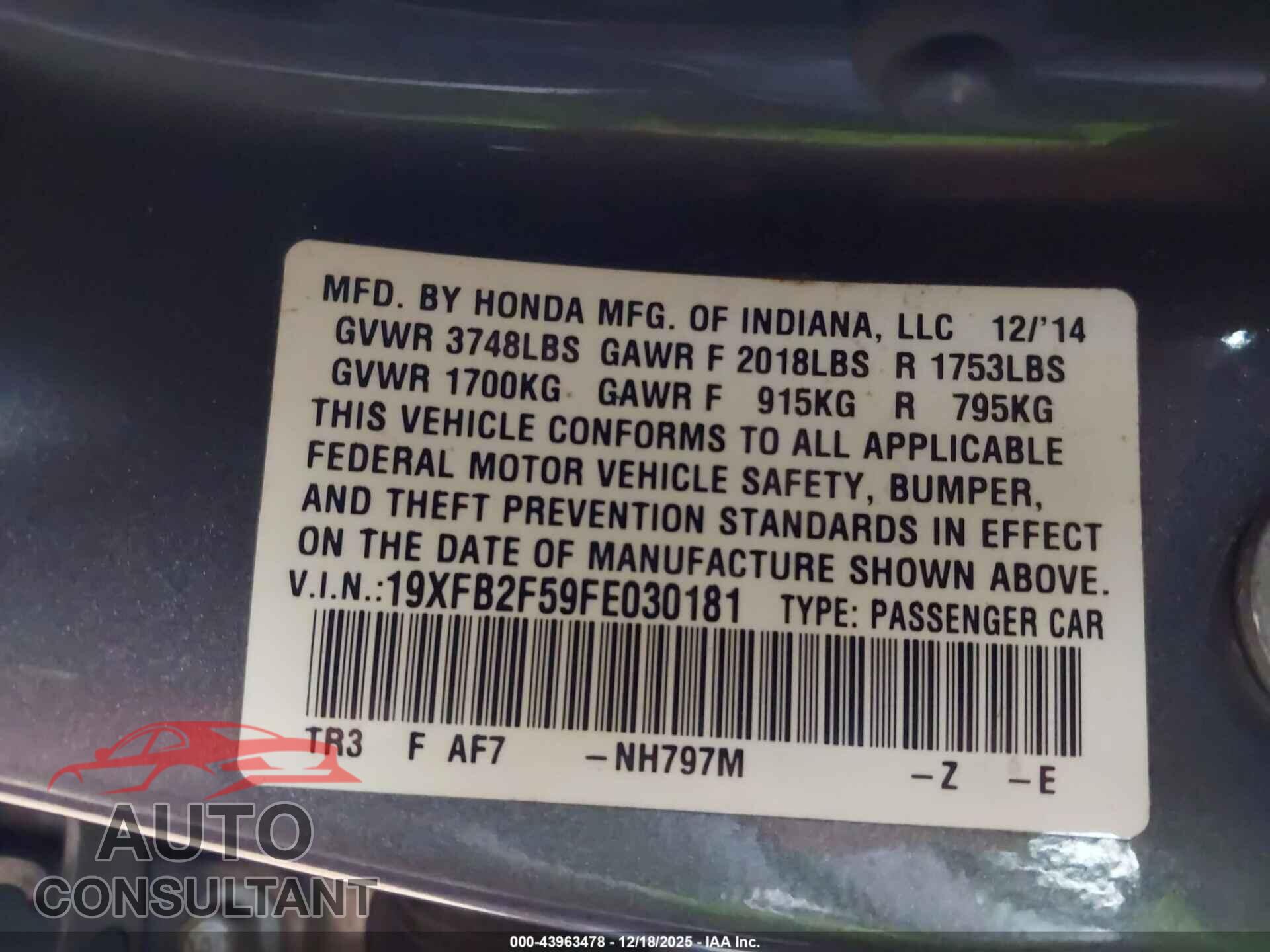 HONDA CIVIC 2015 - 19XFB2F59FE030181