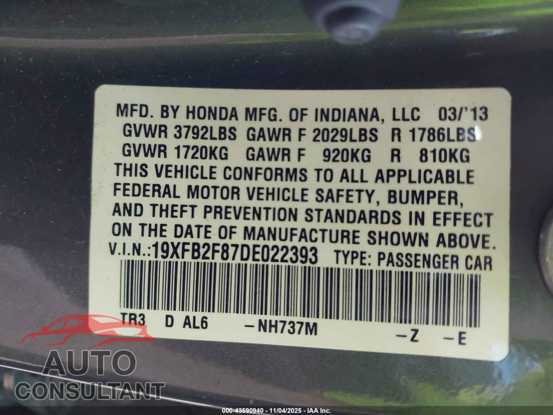 HONDA CIVIC 2013 - 19XFB2F87DE022393