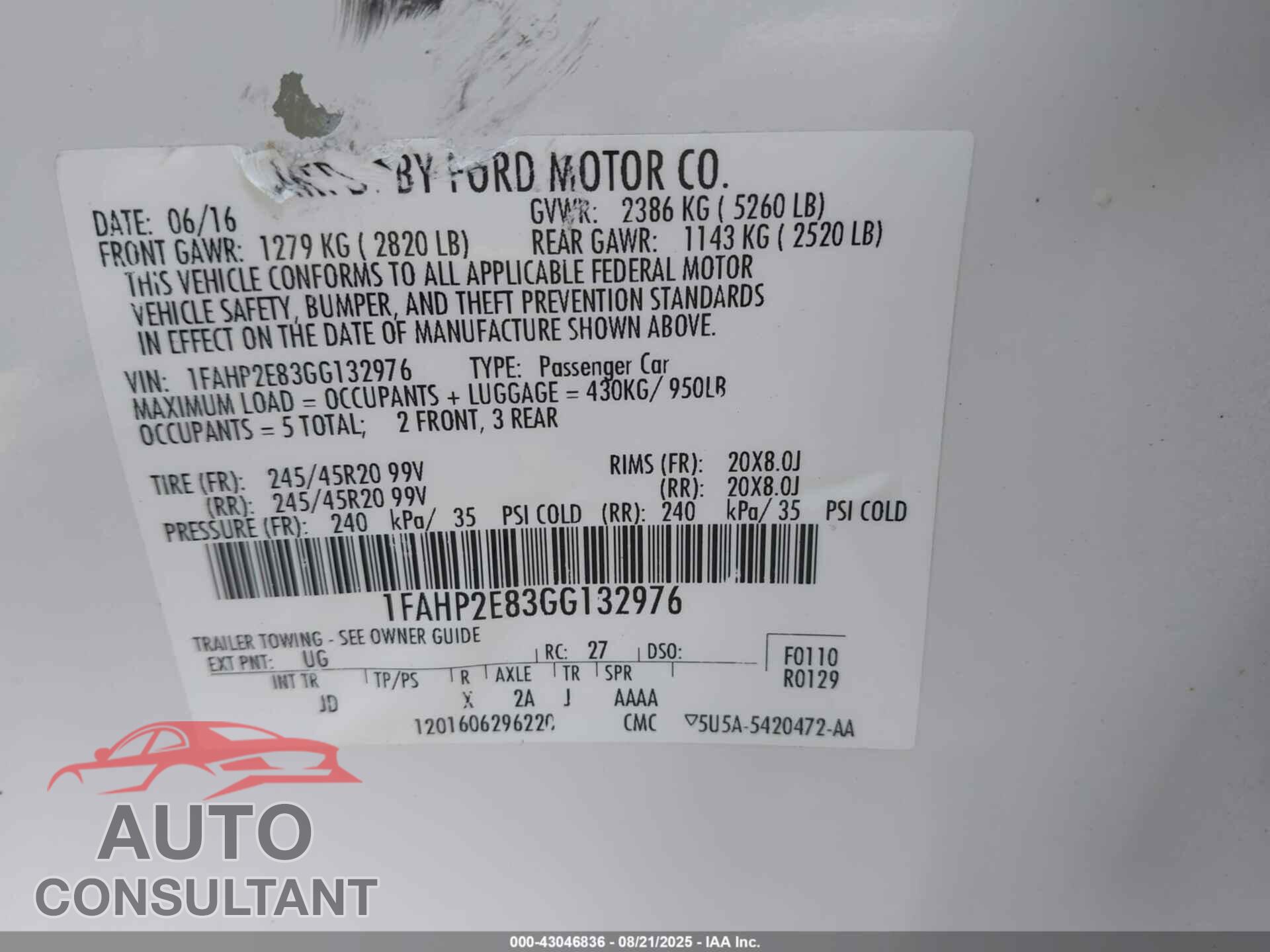 FORD TAURUS 2016 - 1FAHP2E83GG132976