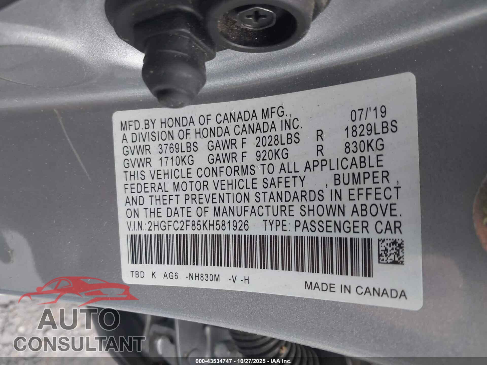 HONDA CIVIC 2019 - 2HGFC2F85KH581926