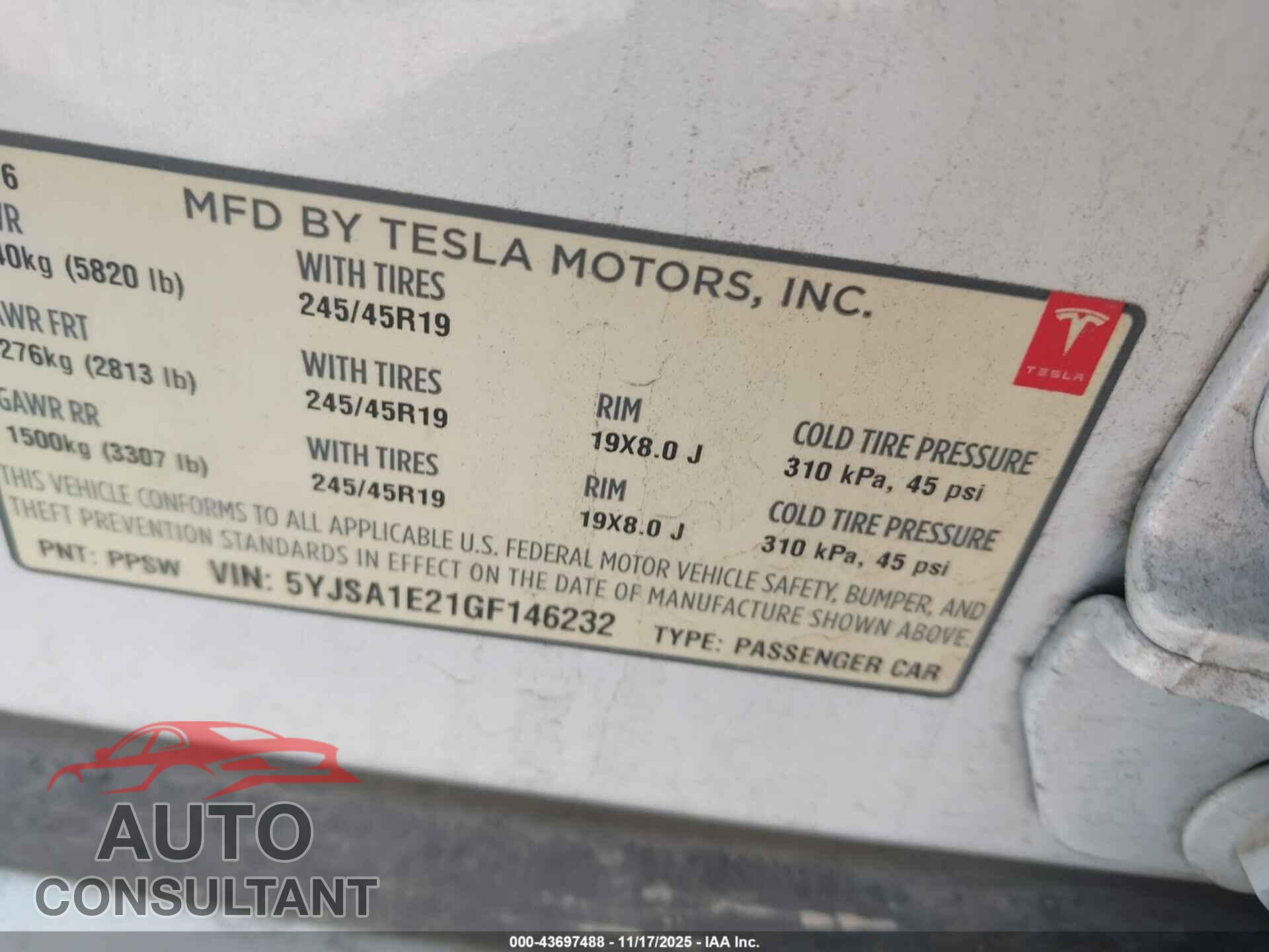 TESLA MODEL S 2016 - 5YJSA1E21GF146232