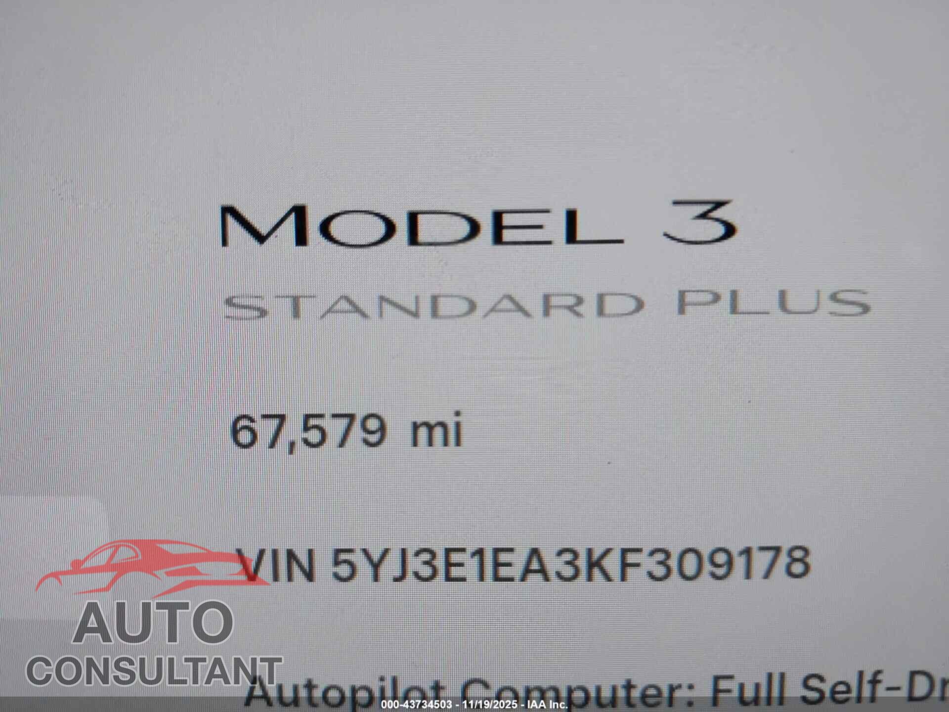 TESLA MODEL 3 2019 - 5YJ3E1EA3KF309178