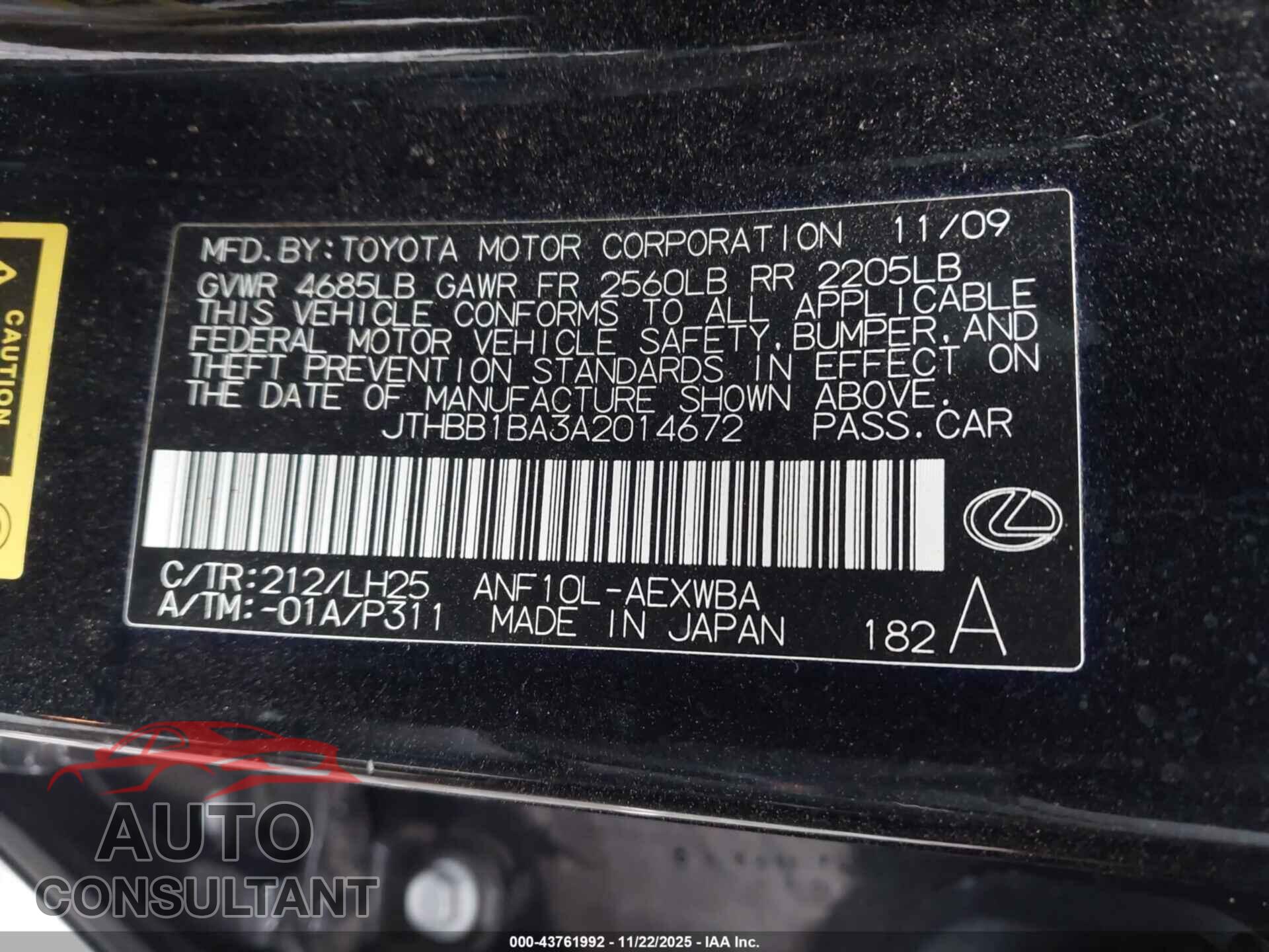 LEXUS HS 250H 2010 - JTHBB1BA3A2014672