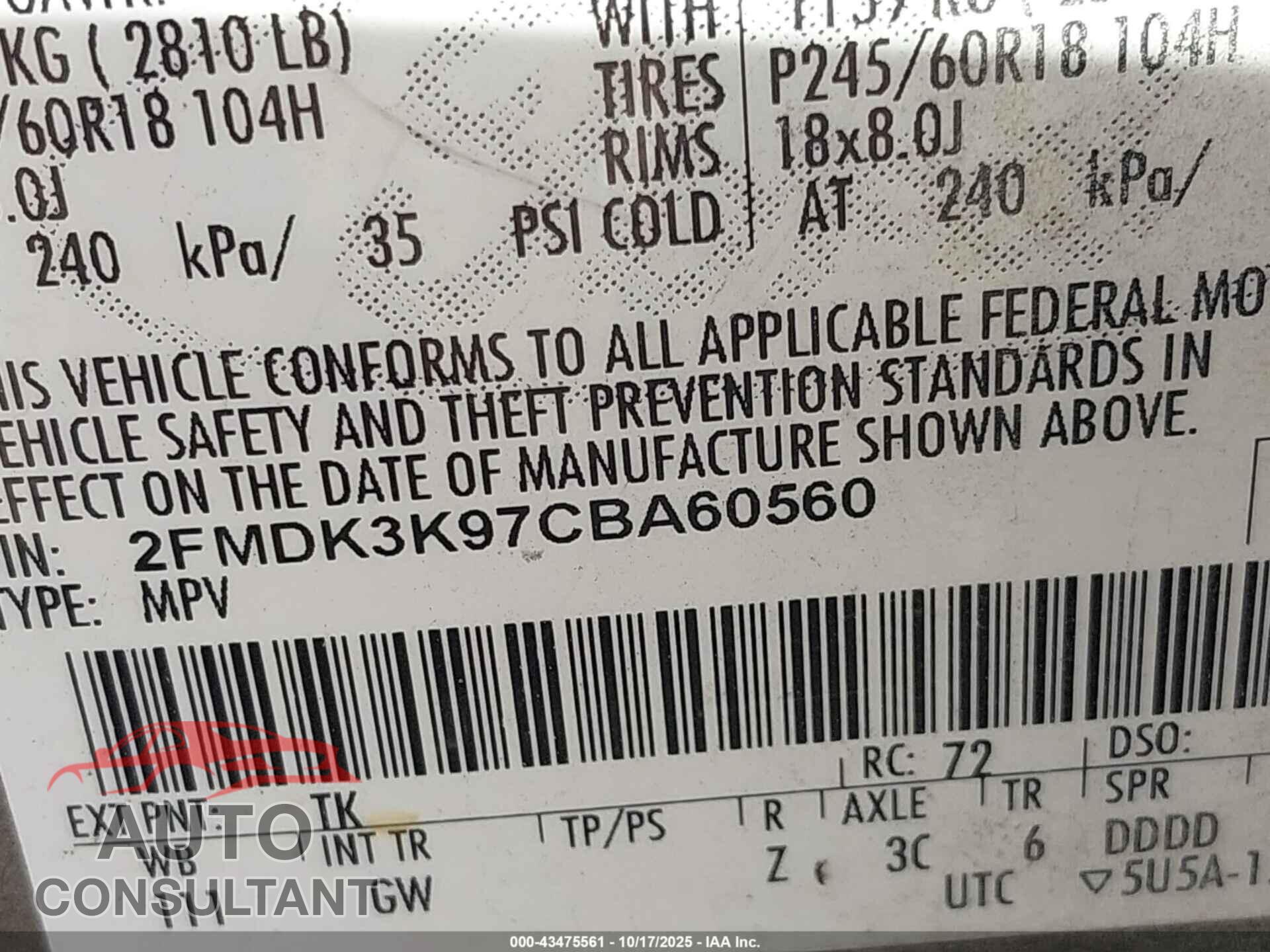 FORD EDGE 2012 - 2FMDK3K97CBA60560