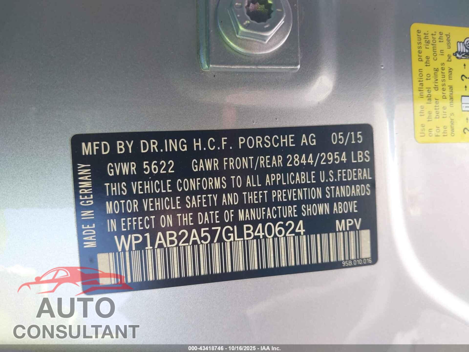 PORSCHE MACAN 2016 - WP1AB2A57GLB40624