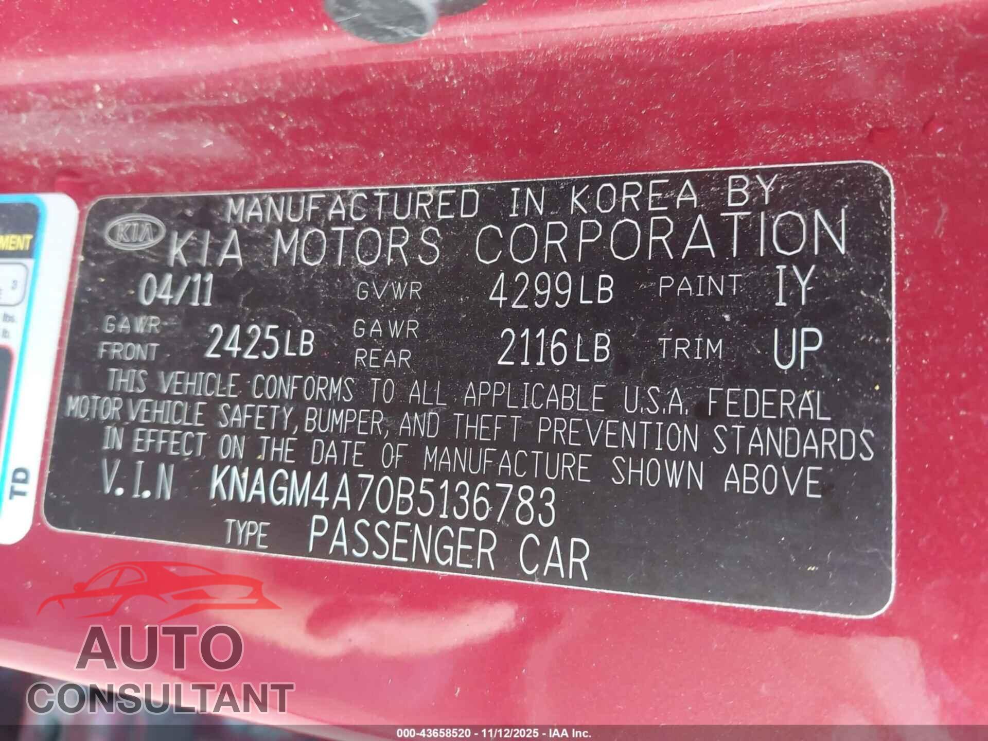 KIA OPTIMA 2011 - KNAGM4A70B5136783