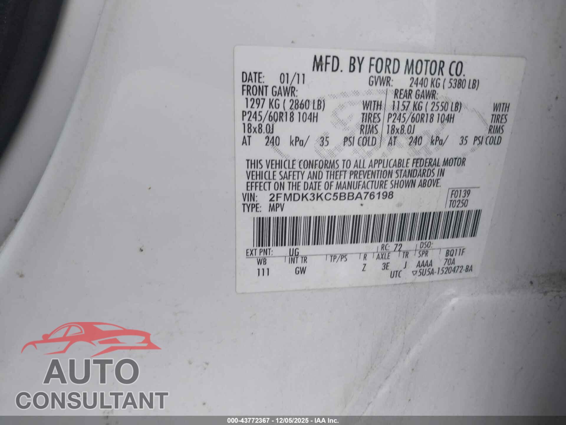 FORD EDGE 2011 - 2FMDK3KC5BBA76198