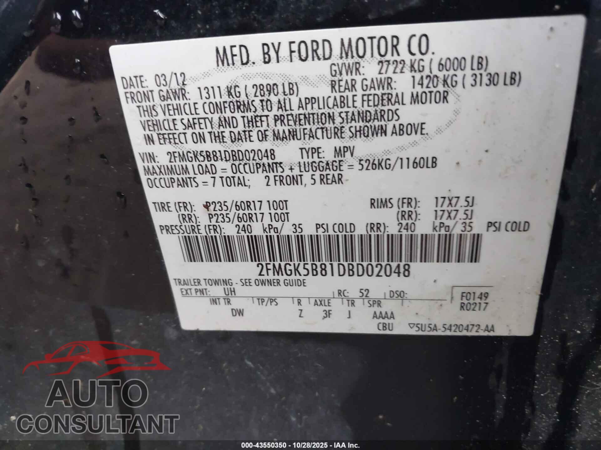 FORD FLEX 2013 - 2FMGK5B81DBD02048