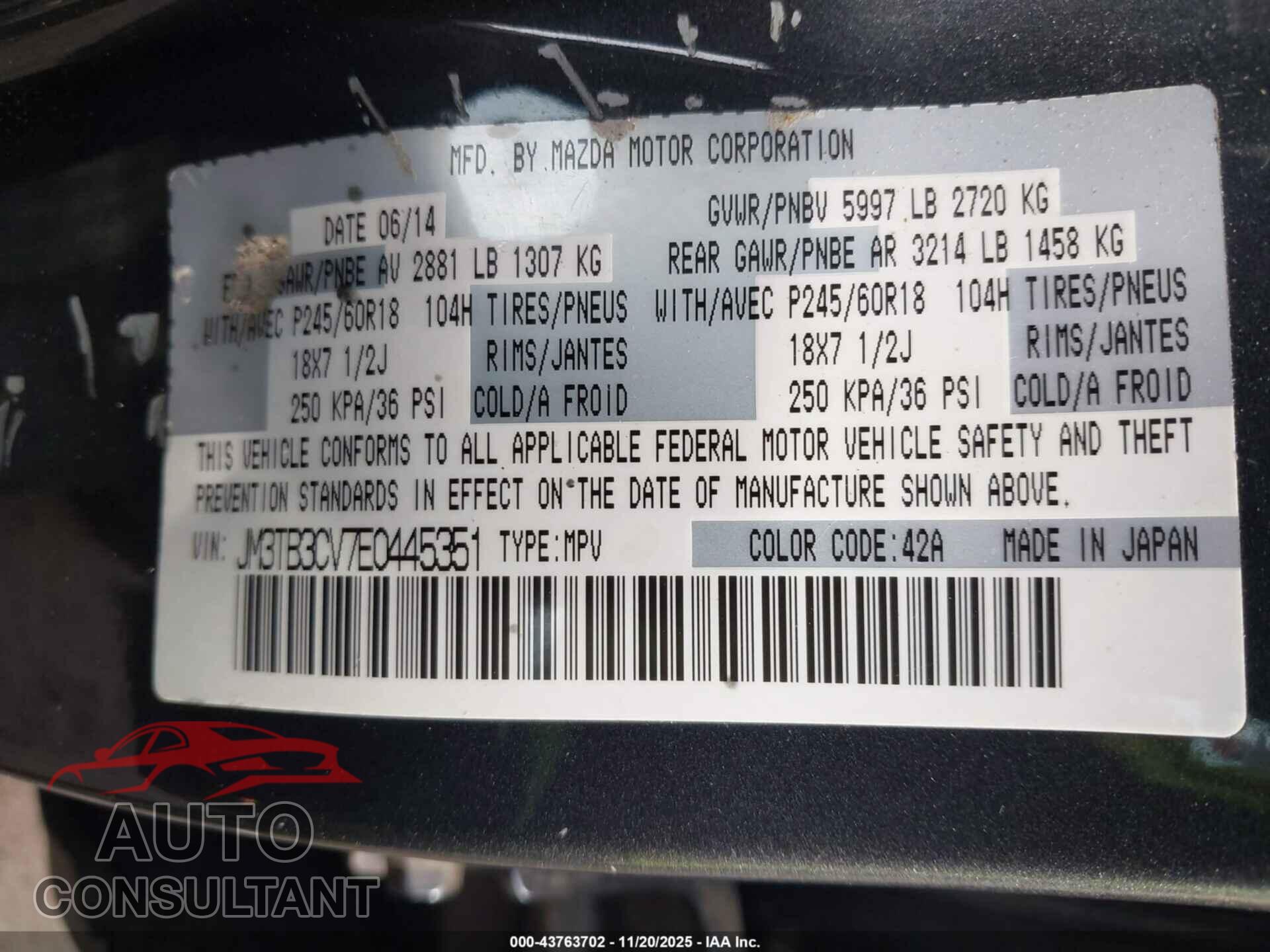 MAZDA CX-9 2014 - JM3TB3CV7E0445351