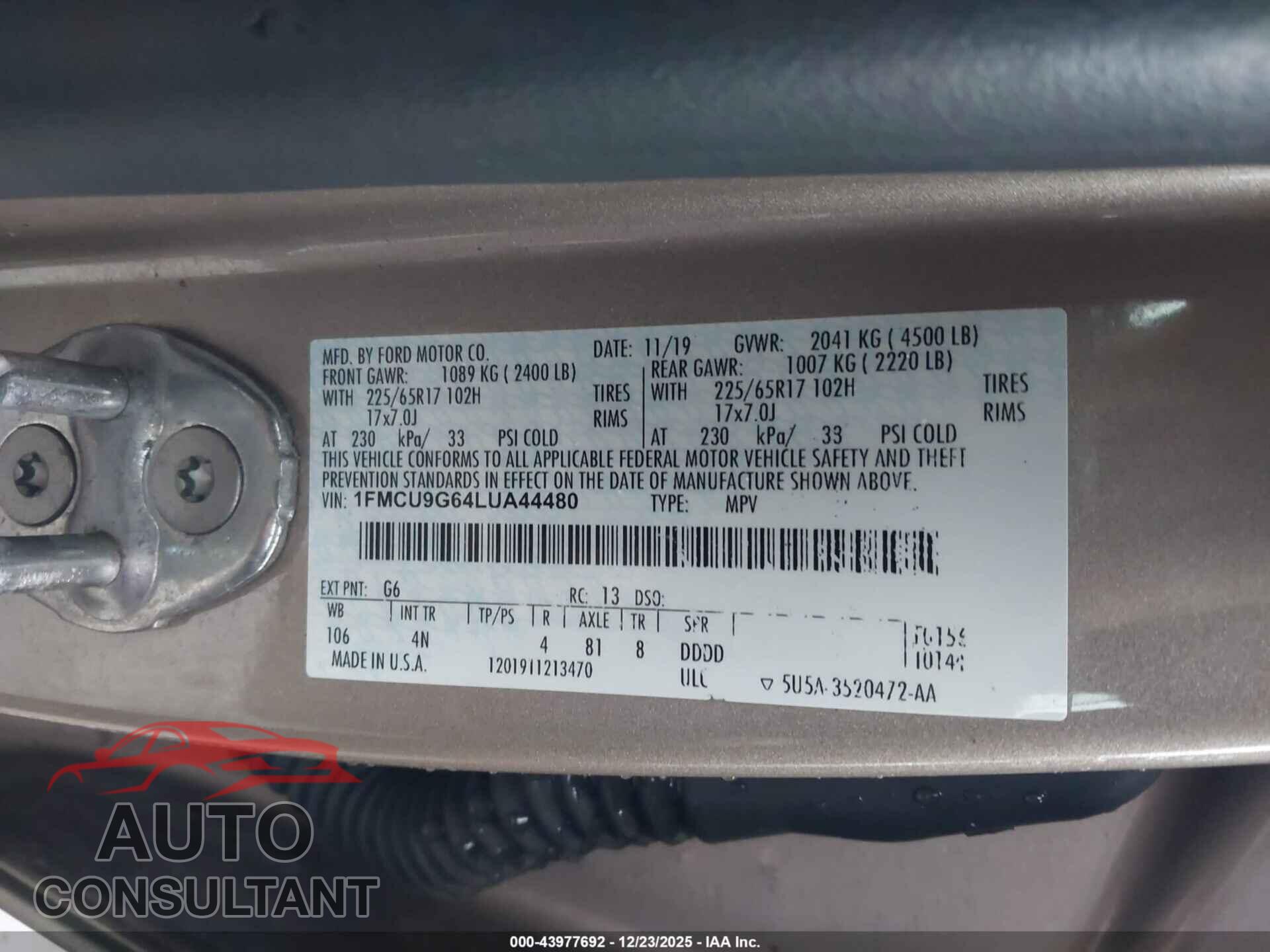 FORD ESCAPE 2020 - 1FMCU9G64LUA44480
