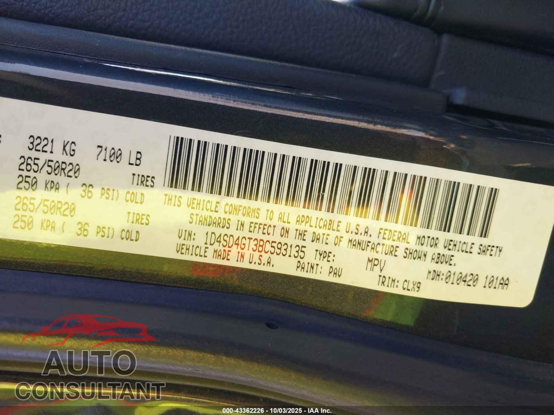 DODGE DURANGO 2011 - 1D4SD4GT3BC593135