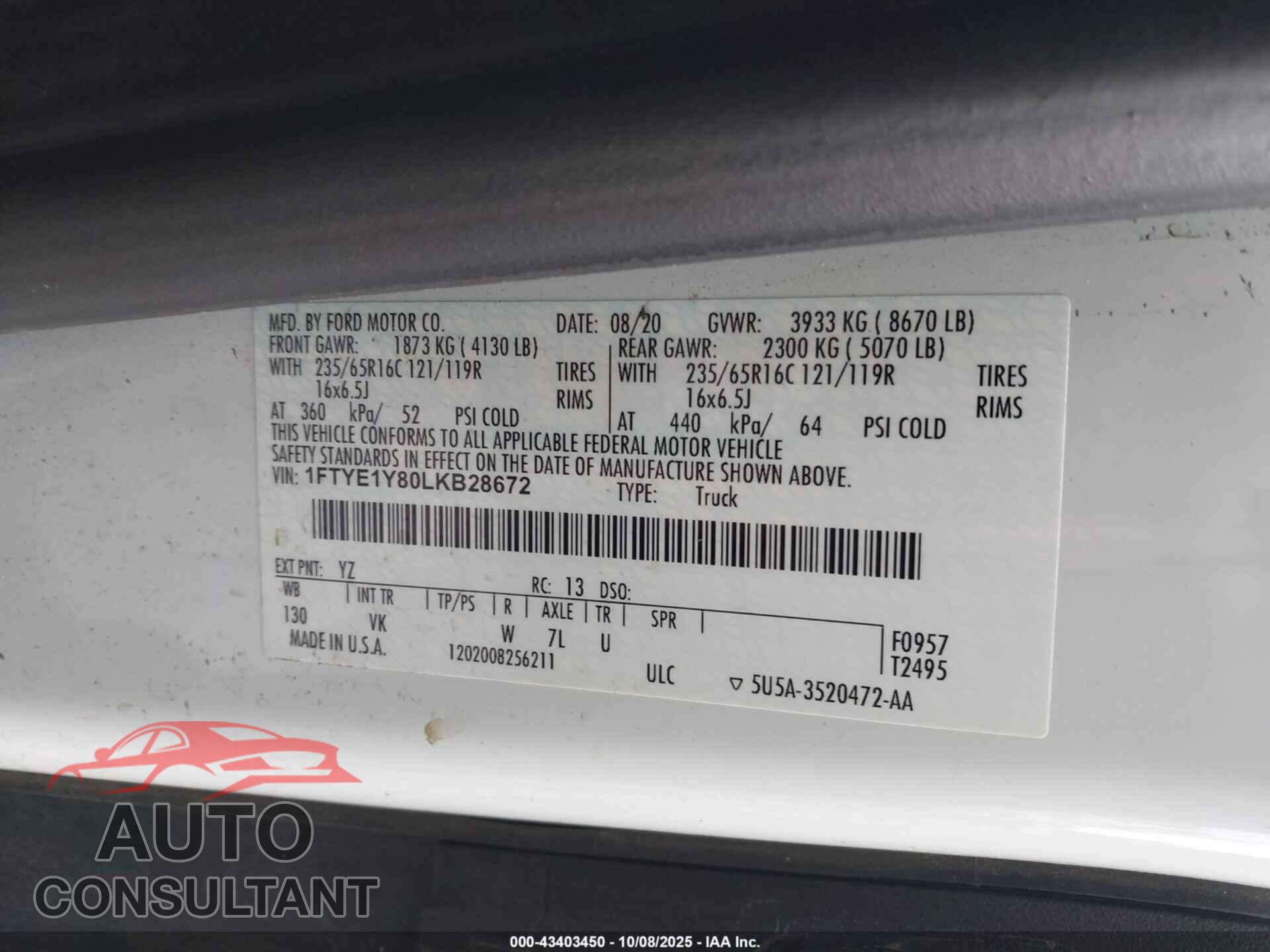 FORD TRANSIT-150 2020 - 1FTYE1Y80LKB28672
