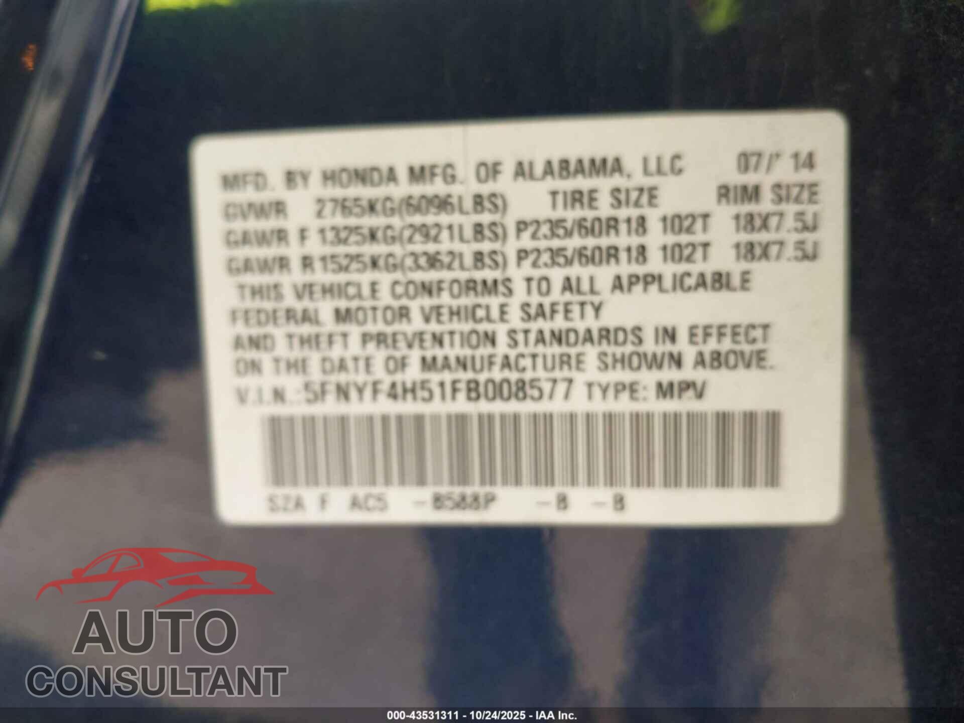 HONDA PILOT 2015 - 5FNYF4H51FB008577