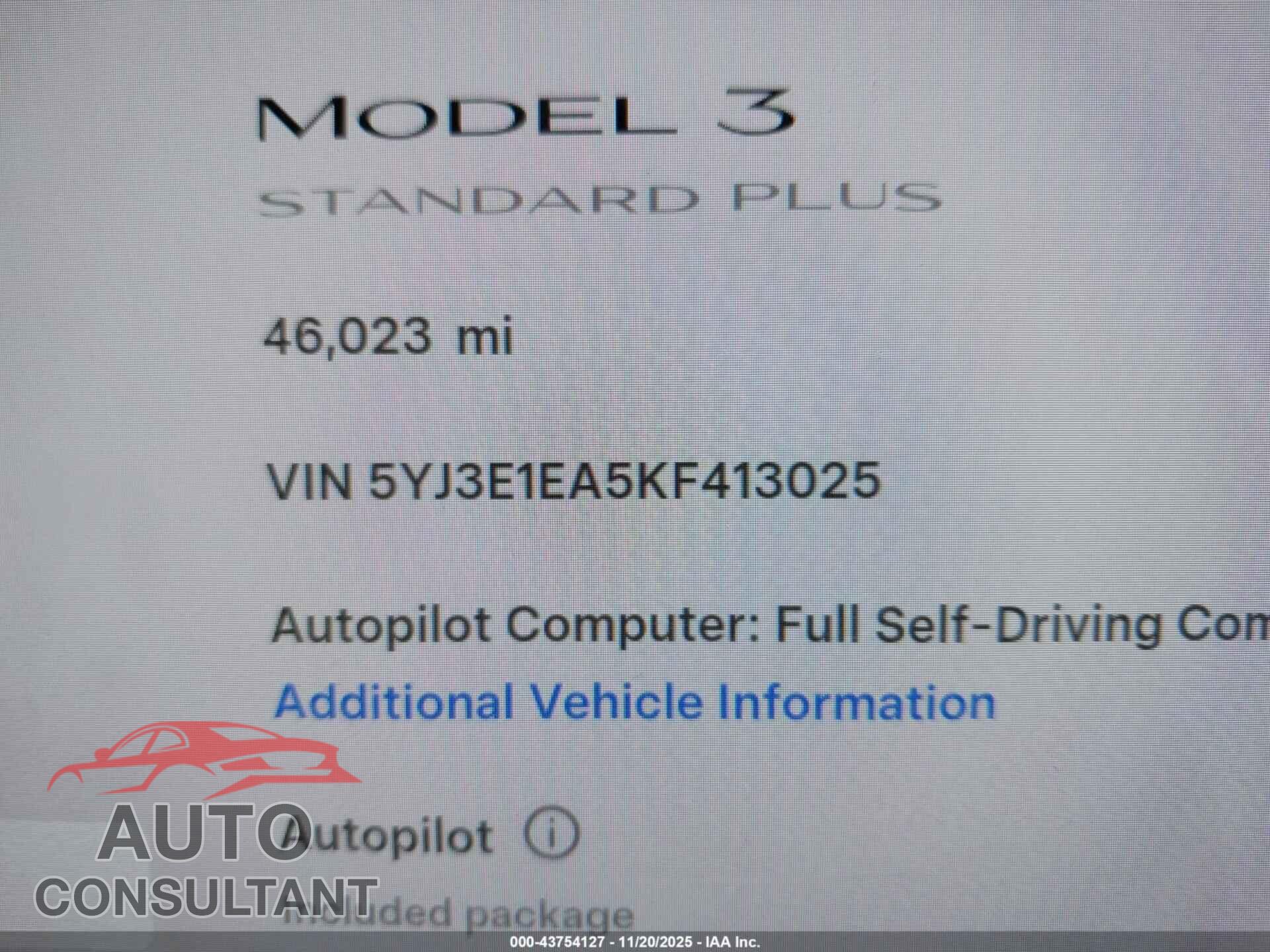 TESLA MODEL 3 2019 - 5YJ3E1EA5KF413025