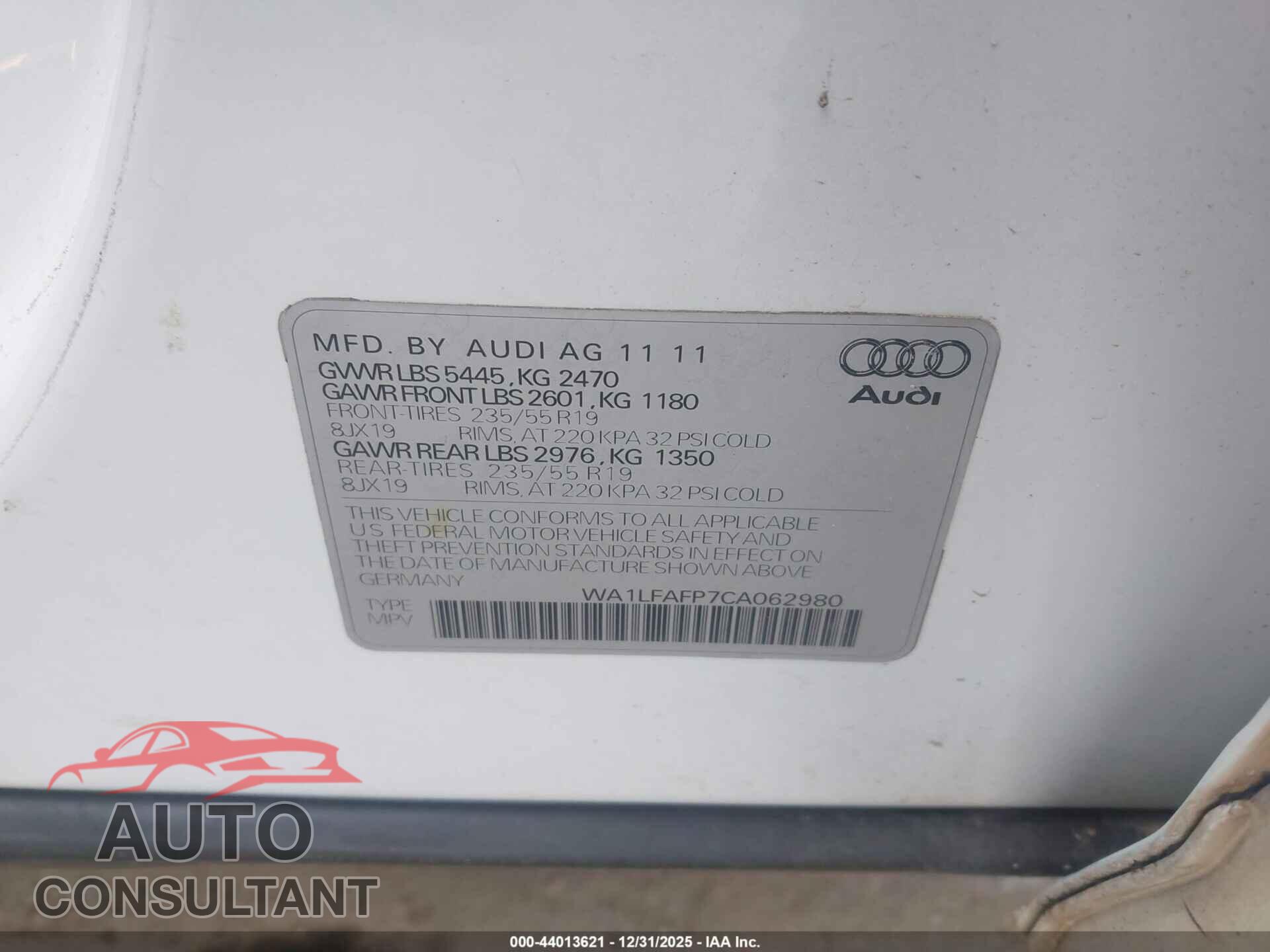 AUDI Q5 2012 - WA1LFAFP7CA062980