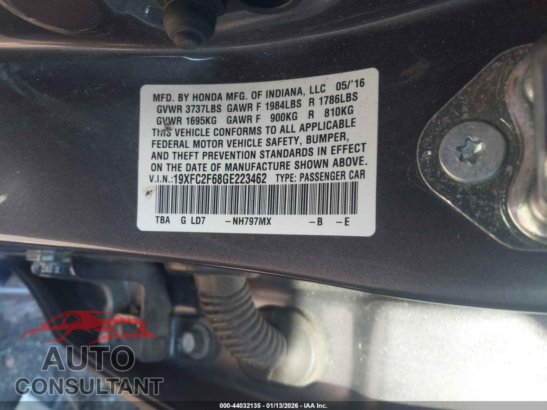 HONDA CIVIC 2016 - 19XFC2F68GE223462