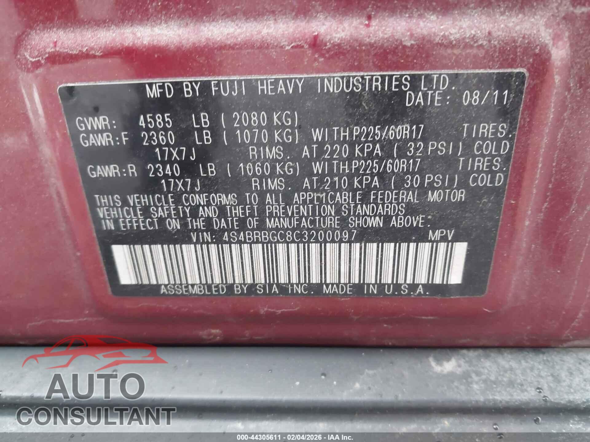 SUBARU OUTBACK 2012 - 4S4BRBGC8C3200097
