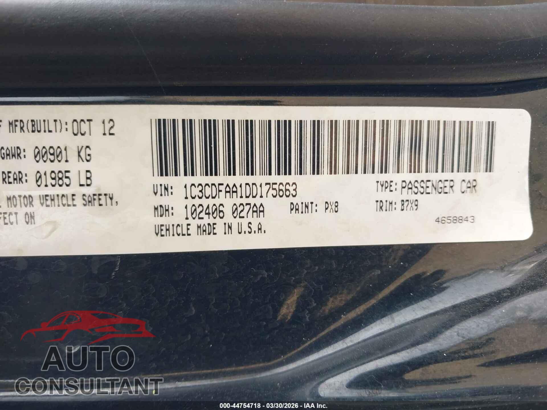 DODGE DART 2013 - 1C3CDFAA1DD175663