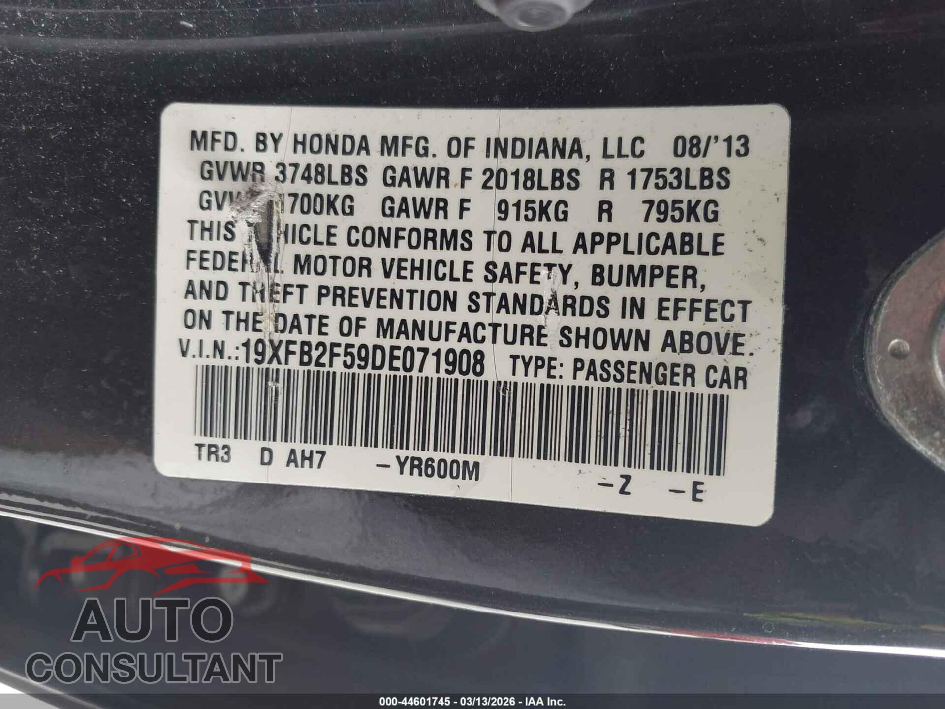 HONDA CIVIC 2013 - 19XFB2F59DE071908