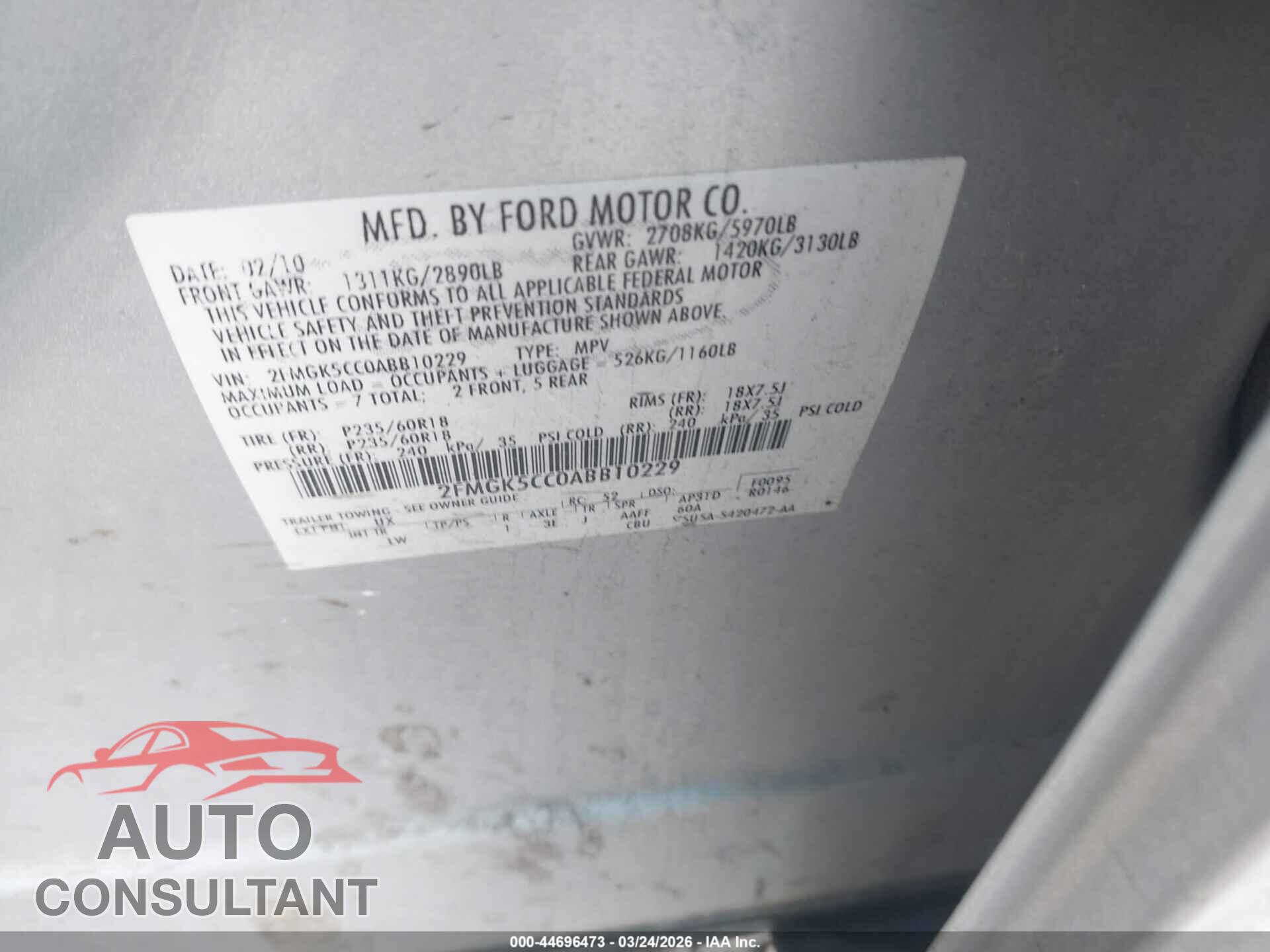 FORD FLEX 2010 - 2FMGK5CC0ABB10229