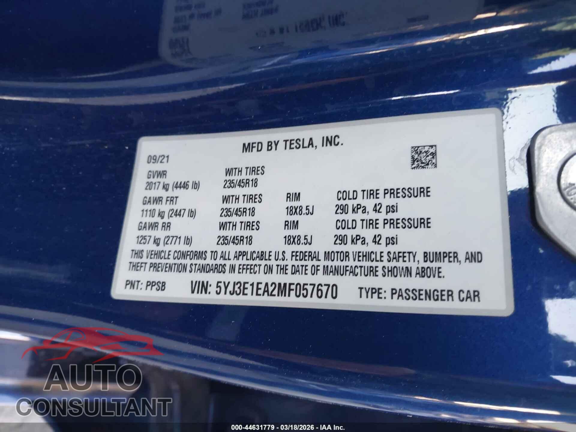 TESLA MODEL 3 2021 - 5YJ3E1EA2MF057670