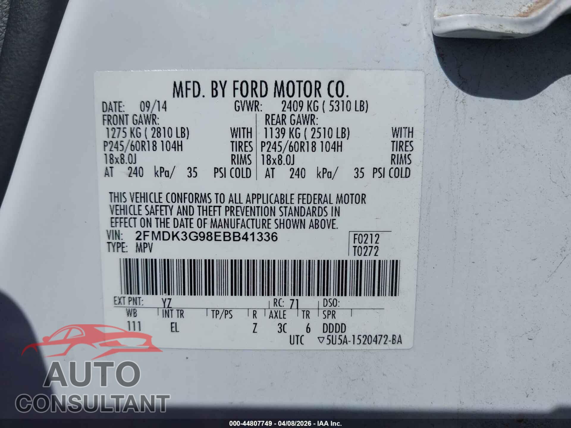 FORD EDGE 2014 - 2FMDK3G98EBB41336