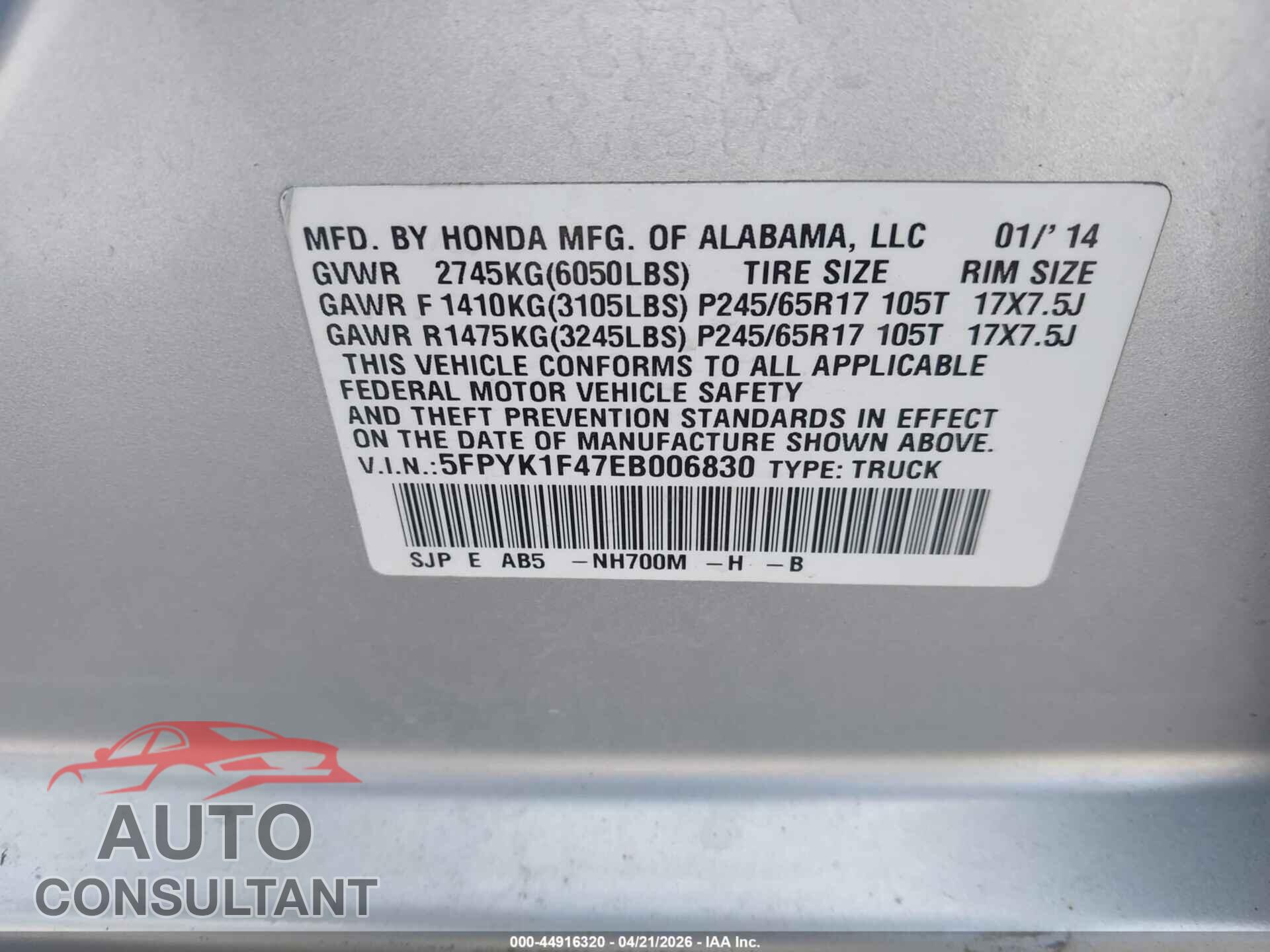 HONDA RIDGELINE 2014 - 5FPYK1F47EB006830