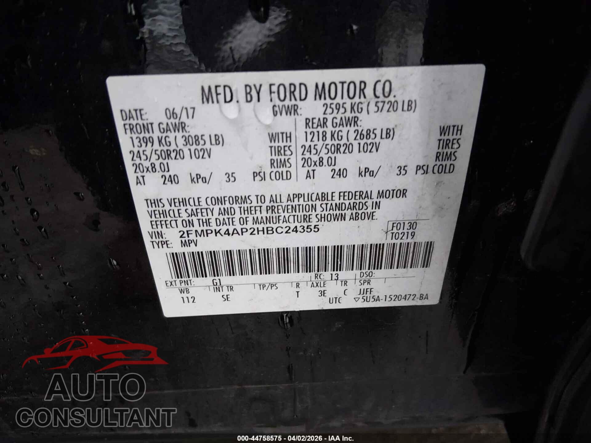 FORD EDGE 2017 - 2FMPK4AP2HBC24355