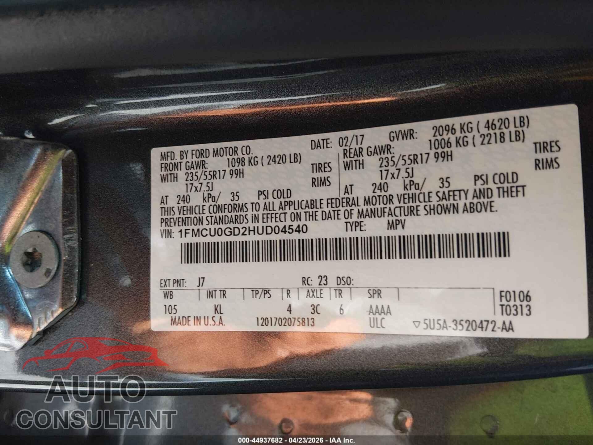 FORD ESCAPE 2017 - 1FMCU0GD2HUD04540