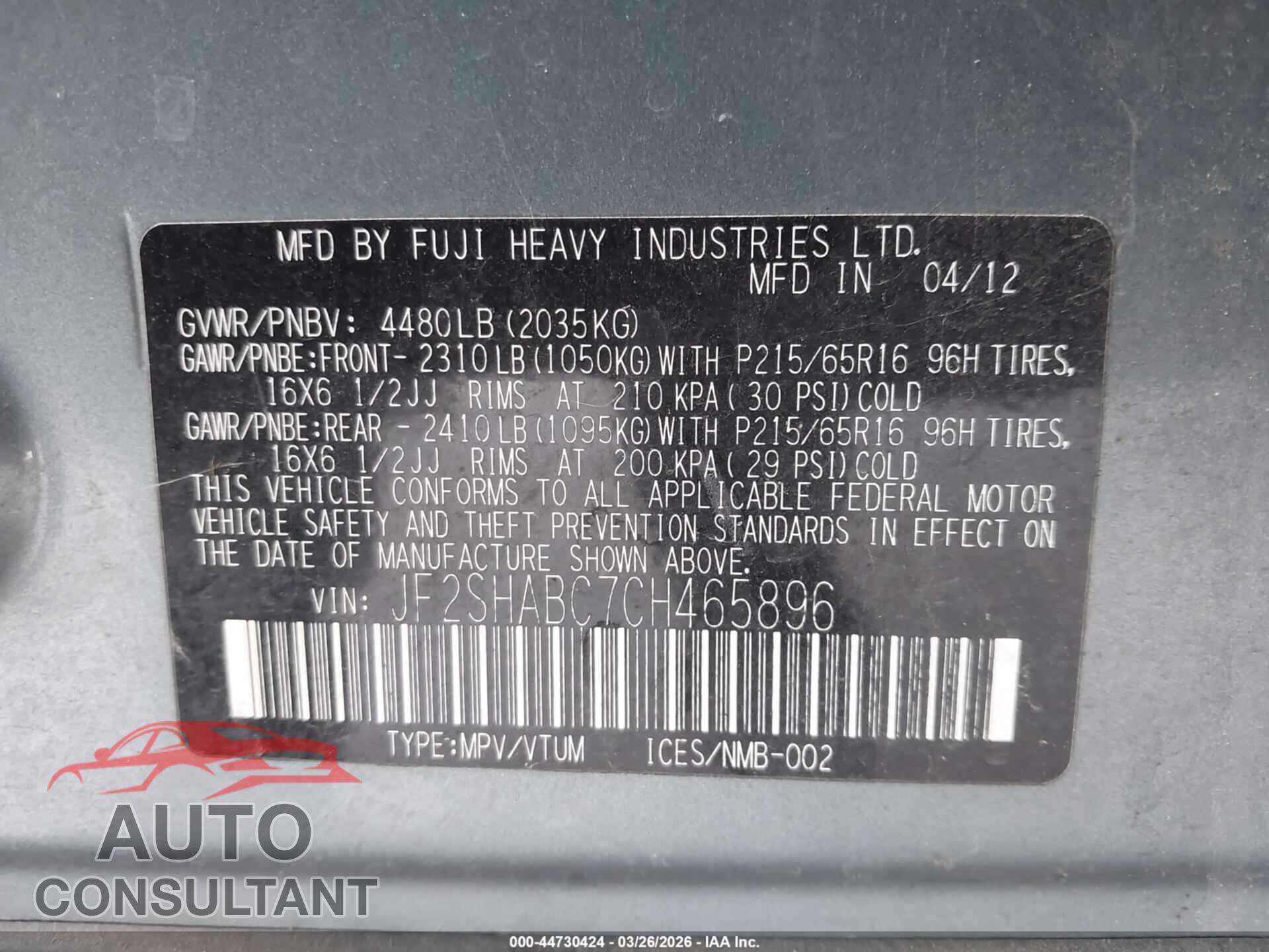 SUBARU FORESTER 2012 - JF2SHABC7CH465896