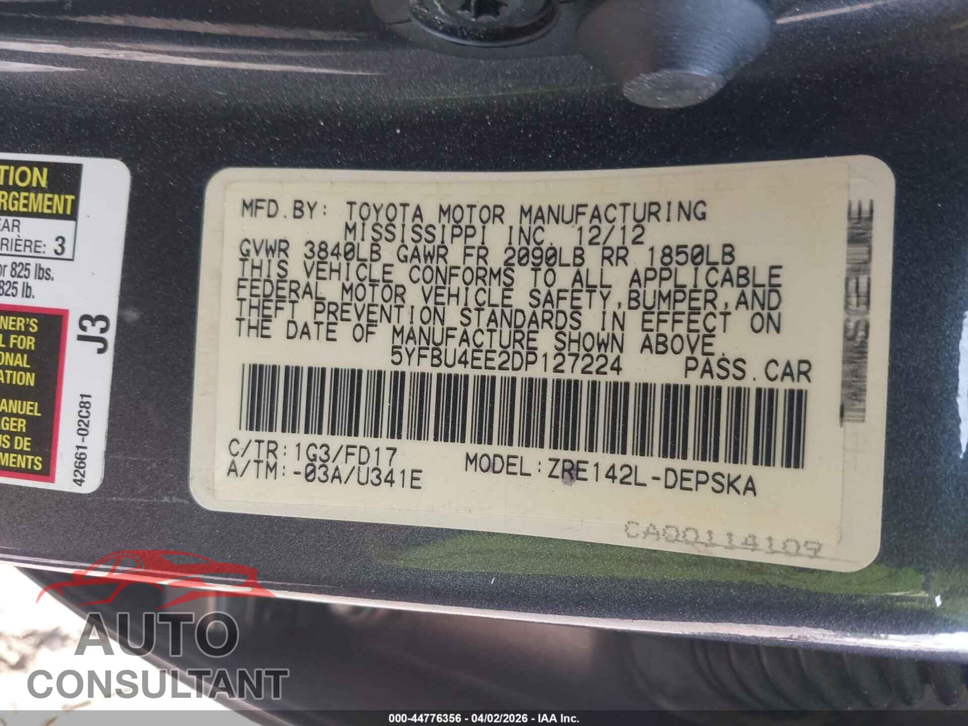 TOYOTA COROLLA 2013 - 5YFBU4EE2DP127224