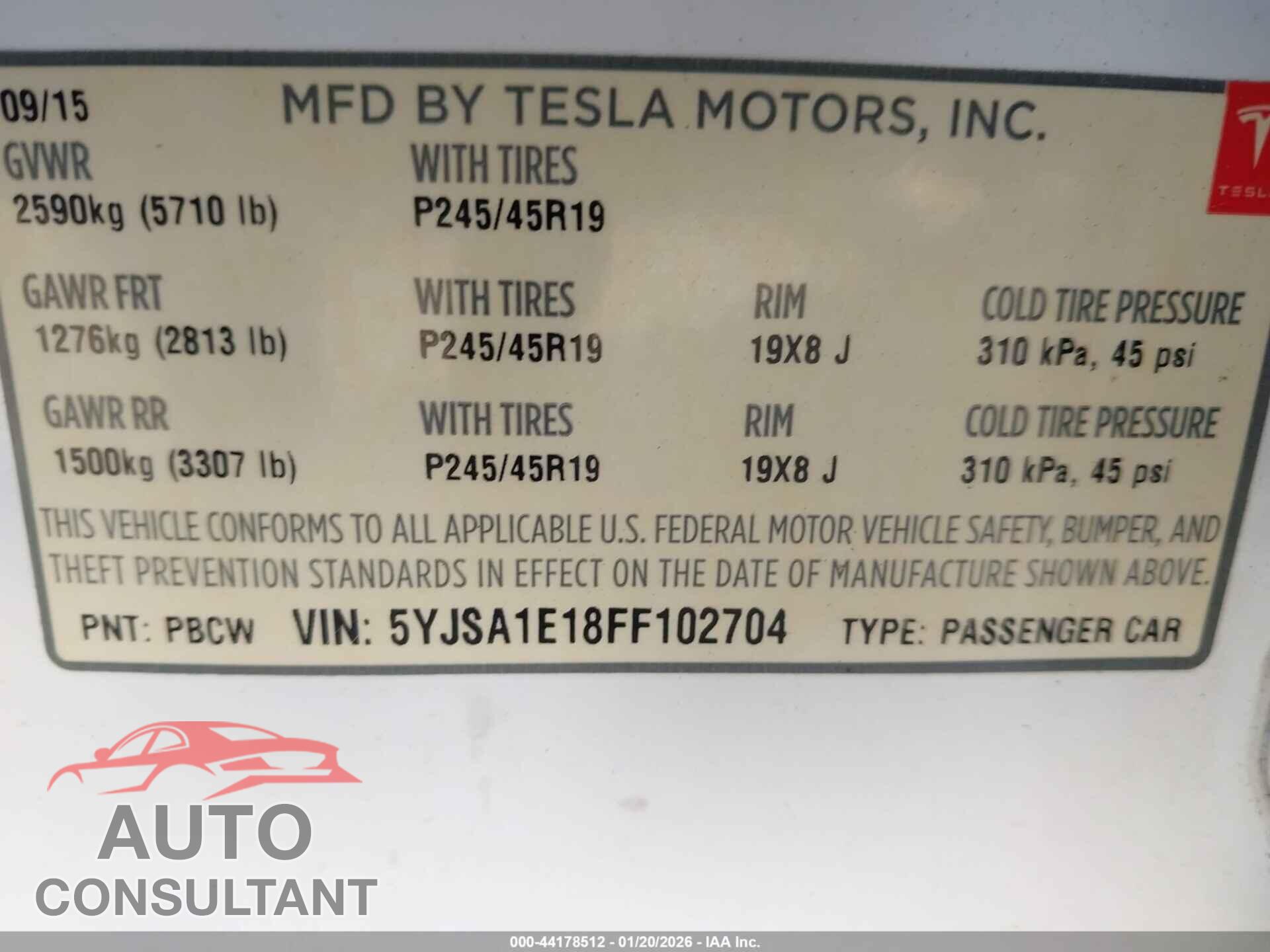TESLA MODEL S 2015 - 5YJSA1E18FF102704