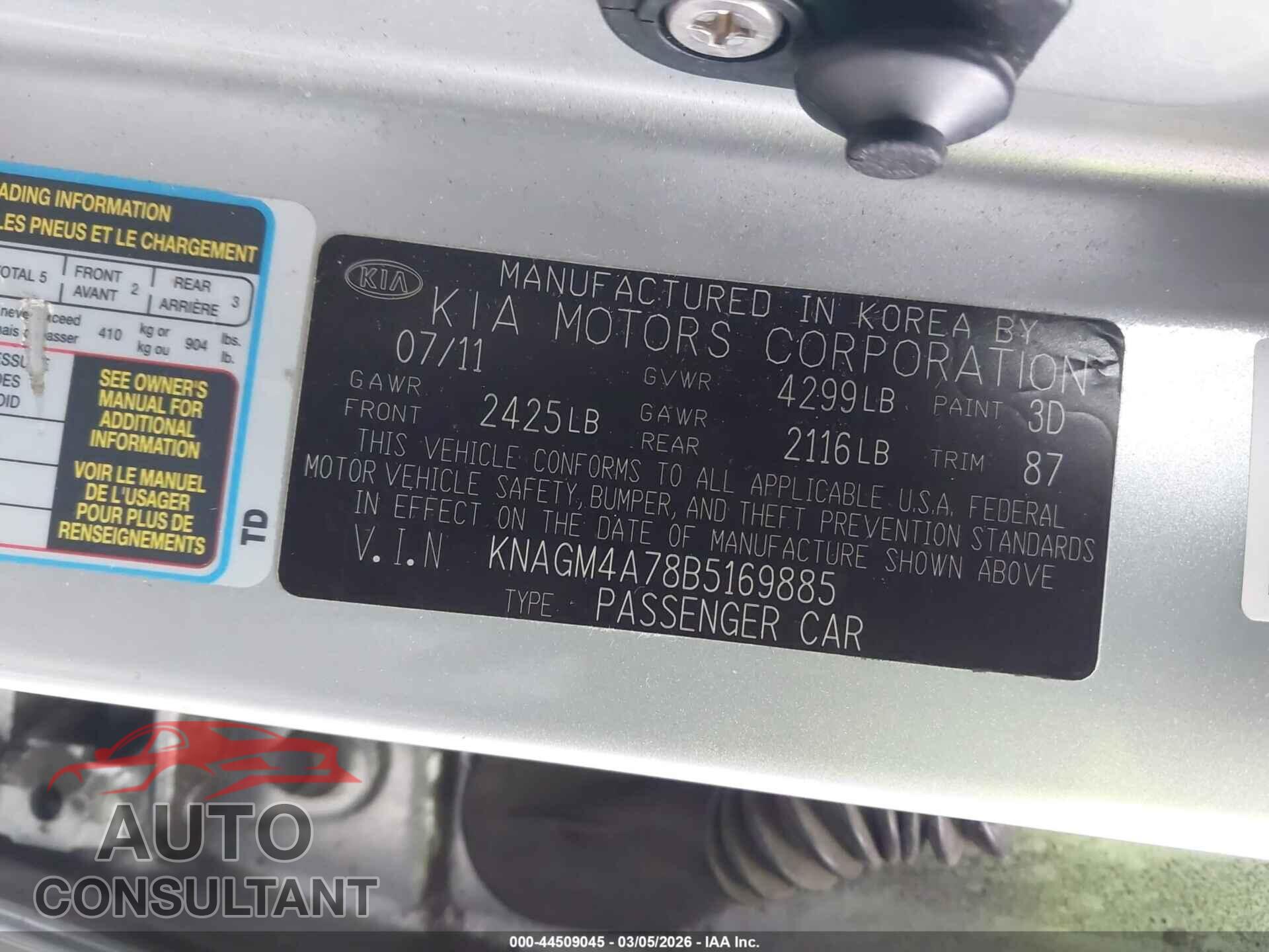 KIA OPTIMA 2011 - KNAGM4A78B5169885