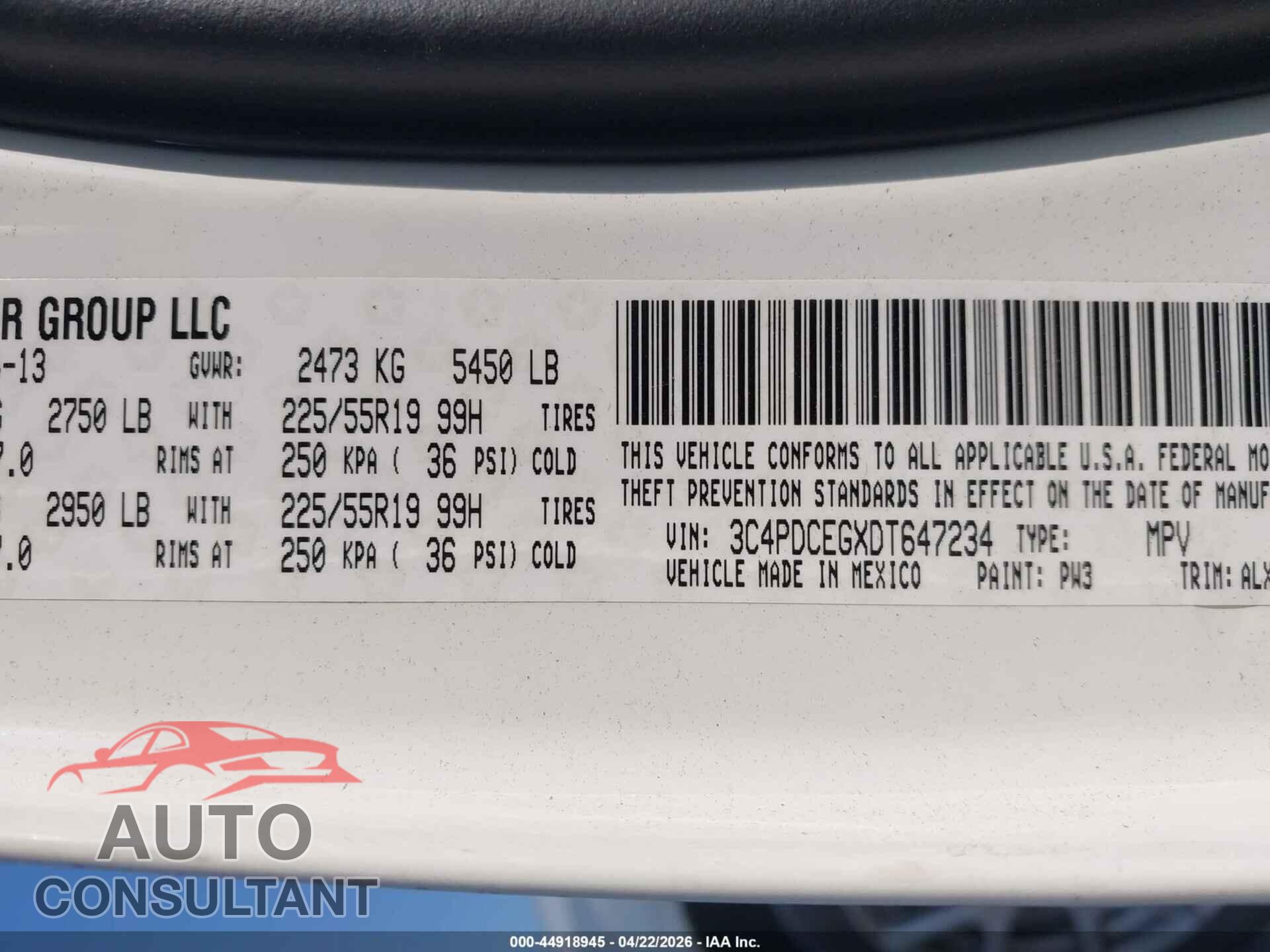 DODGE JOURNEY 2013 - 3C4PDCEGXDT647234