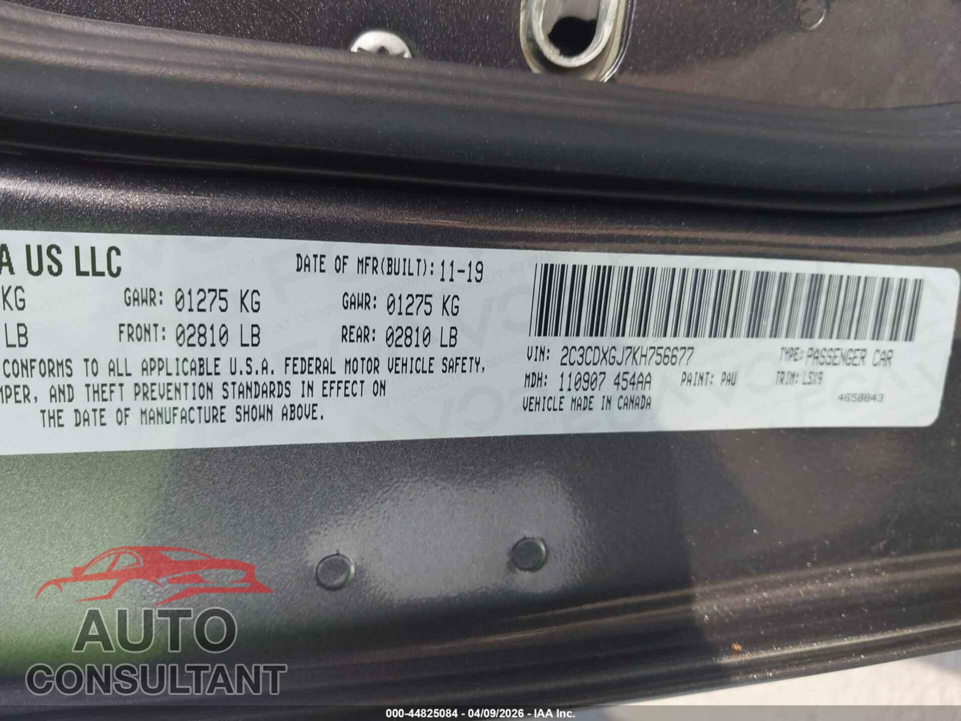 DODGE CHARGER 2019 - 2C3CDXGJ7KH756677