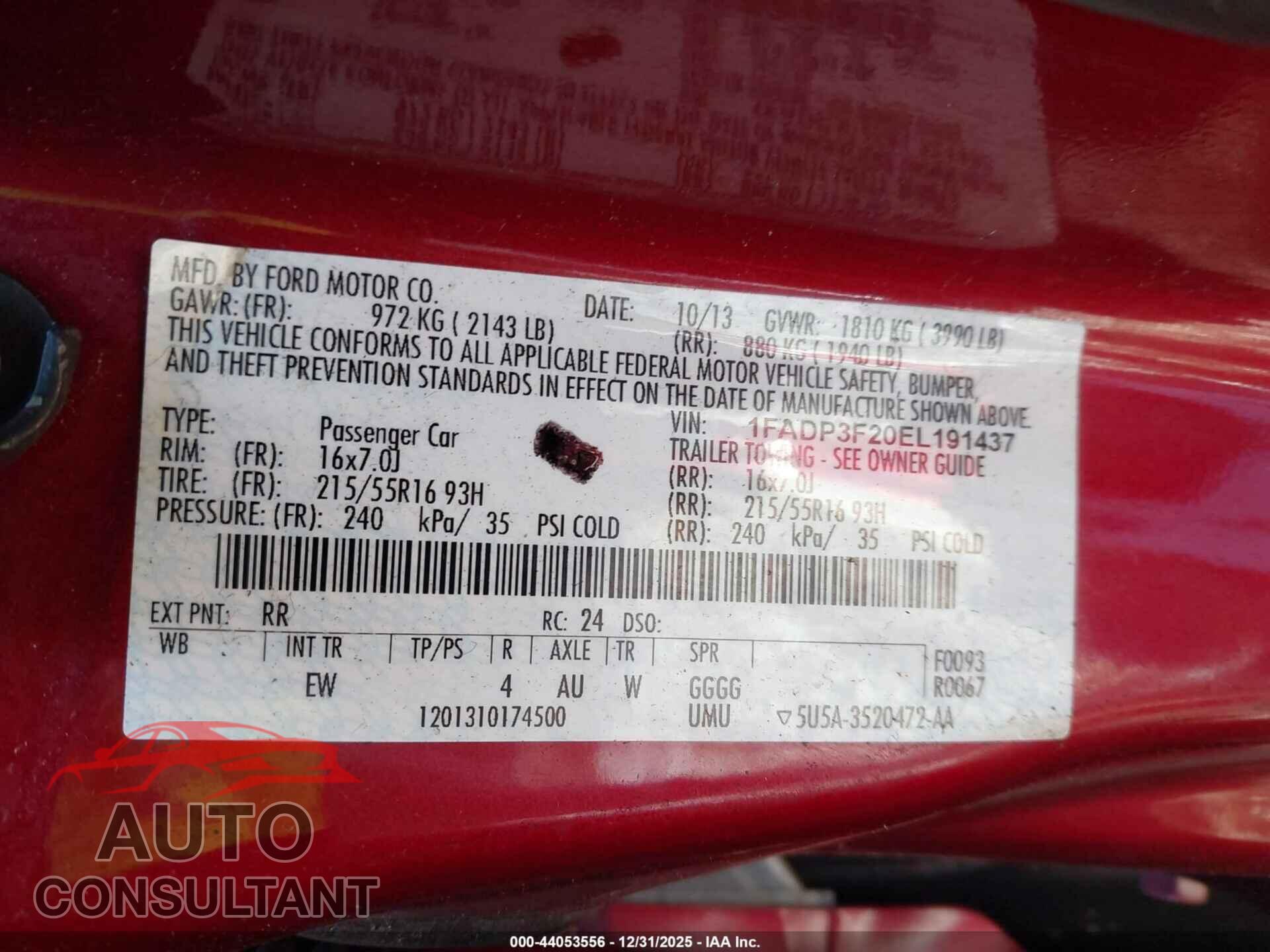 FORD FOCUS 2014 - 1FADP3F20EL191437