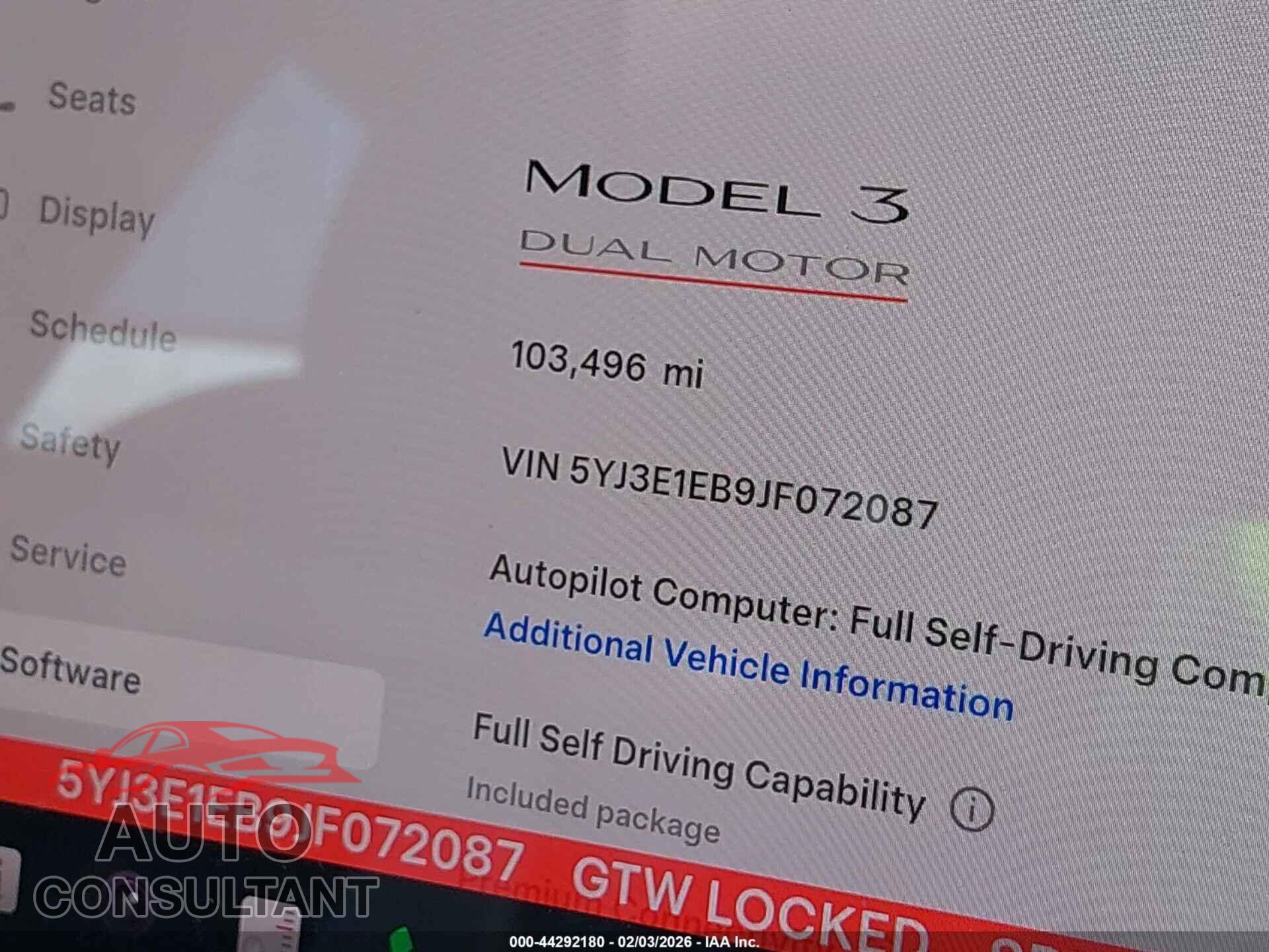 TESLA MODEL 3 2018 - 5YJ3E1EB9JF072087