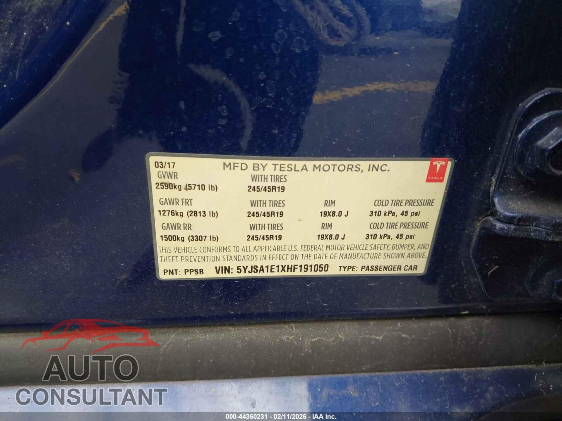 TESLA MODEL S 2017 - 5YJSA1E1XHF191050