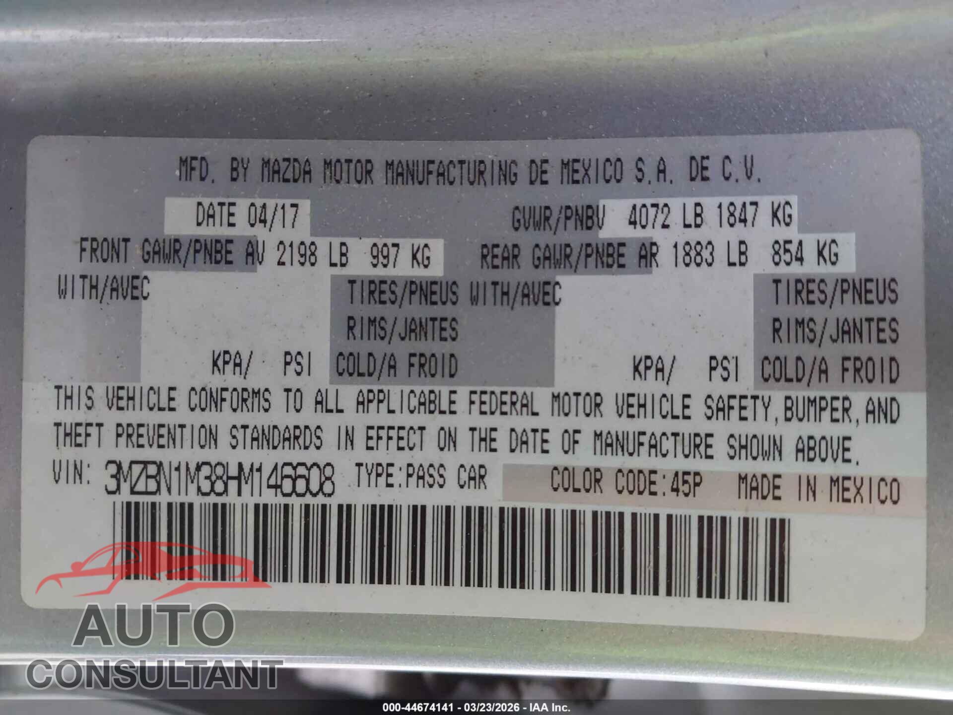 MAZDA MAZDA3 2017 - 3MZBN1M38HM146608