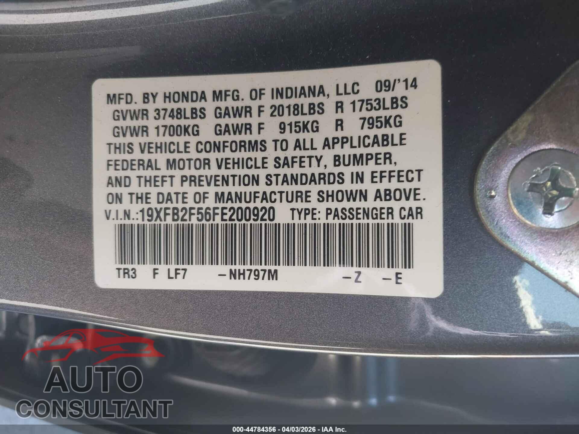 HONDA CIVIC 2015 - 19XFB2F56FE200920