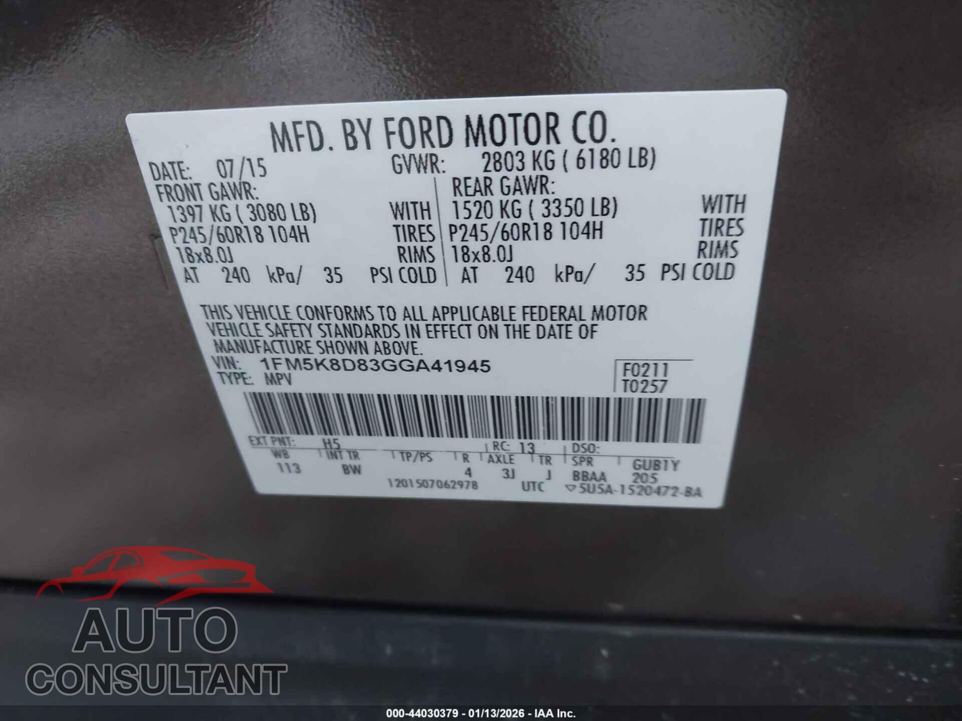 FORD EXPLORER 2016 - 1FM5K8D83GGA41945