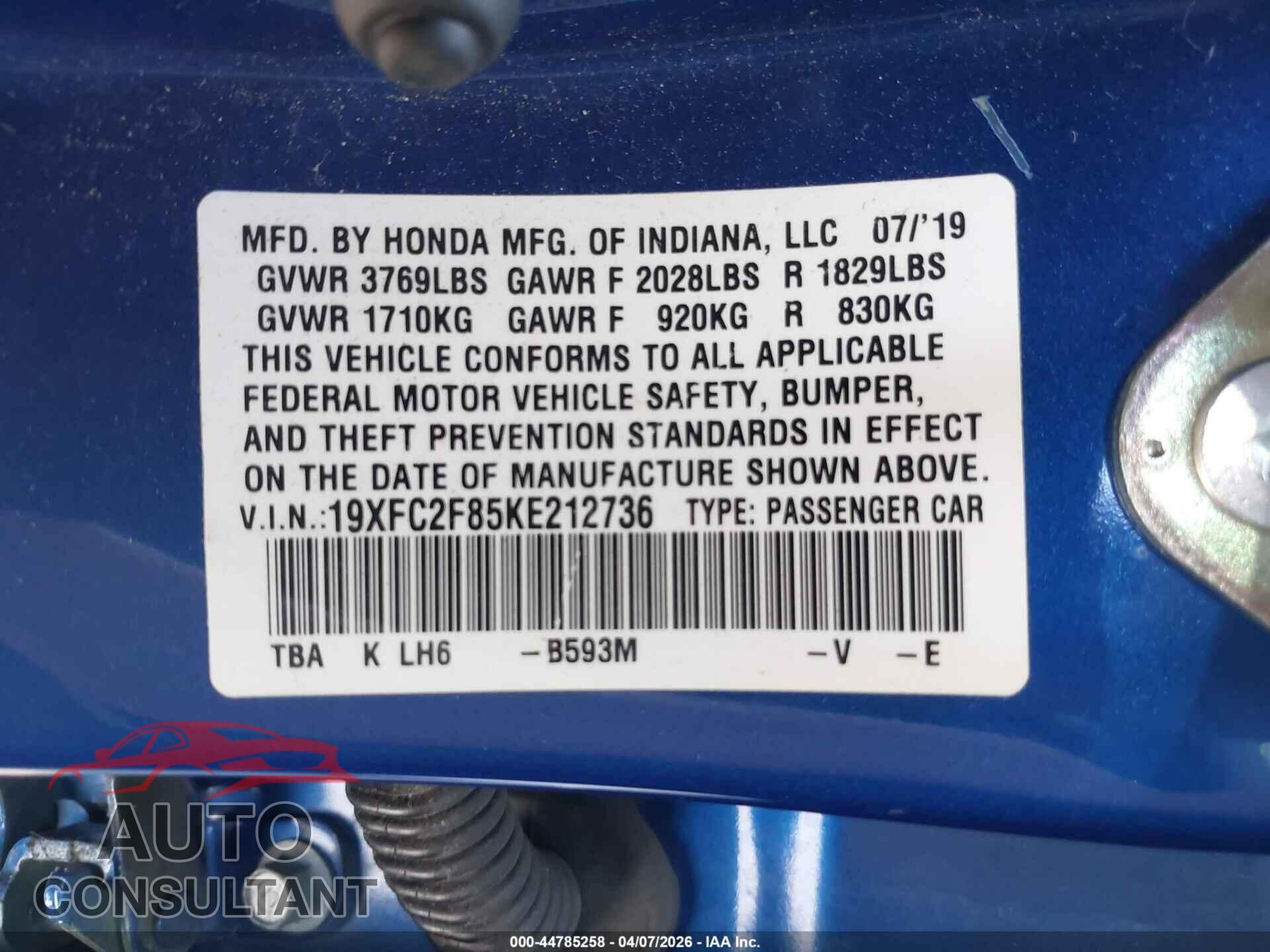 HONDA CIVIC 2019 - 19XFC2F85KE212736