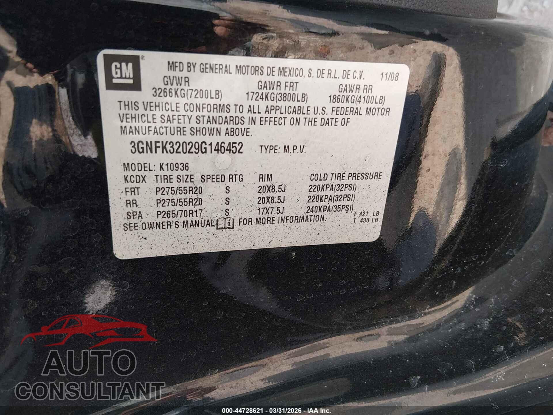 CHEVROLET AVALANCHE 1500 2009 - 3GNFK32029G146452