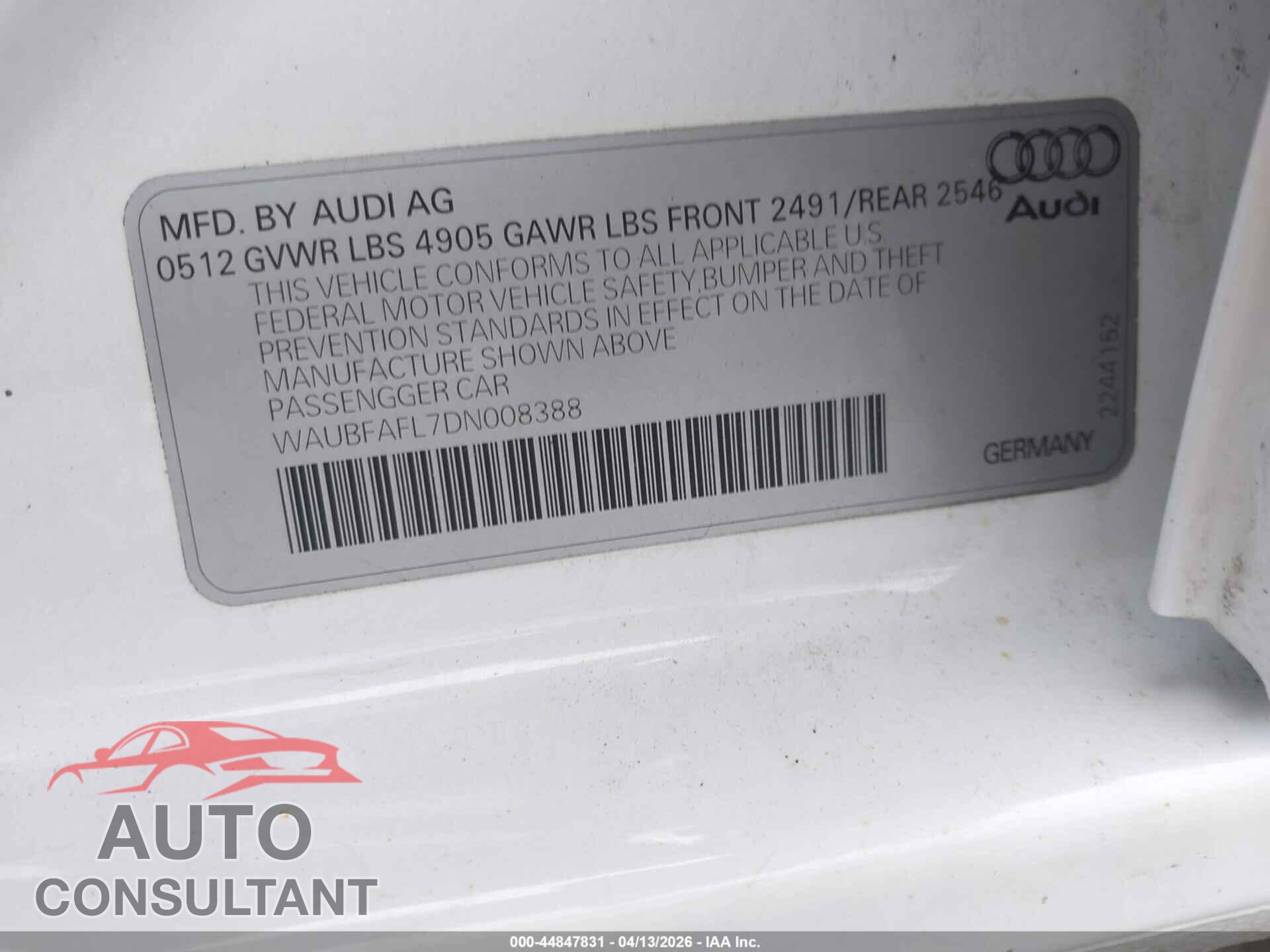 AUDI A4 2013 - WAUBFAFL7DN008388