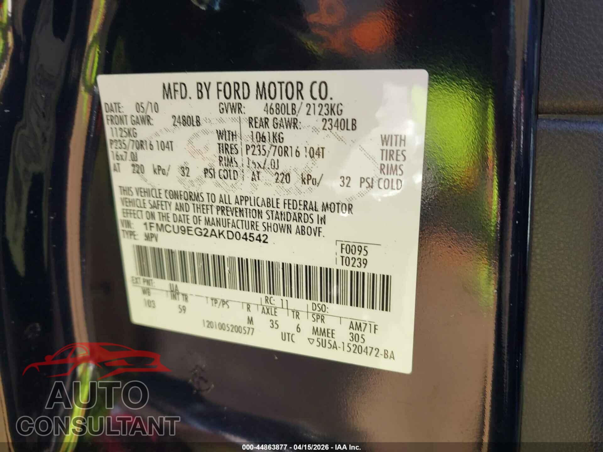 FORD ESCAPE 2010 - 1FMCU9EG2AKD04542