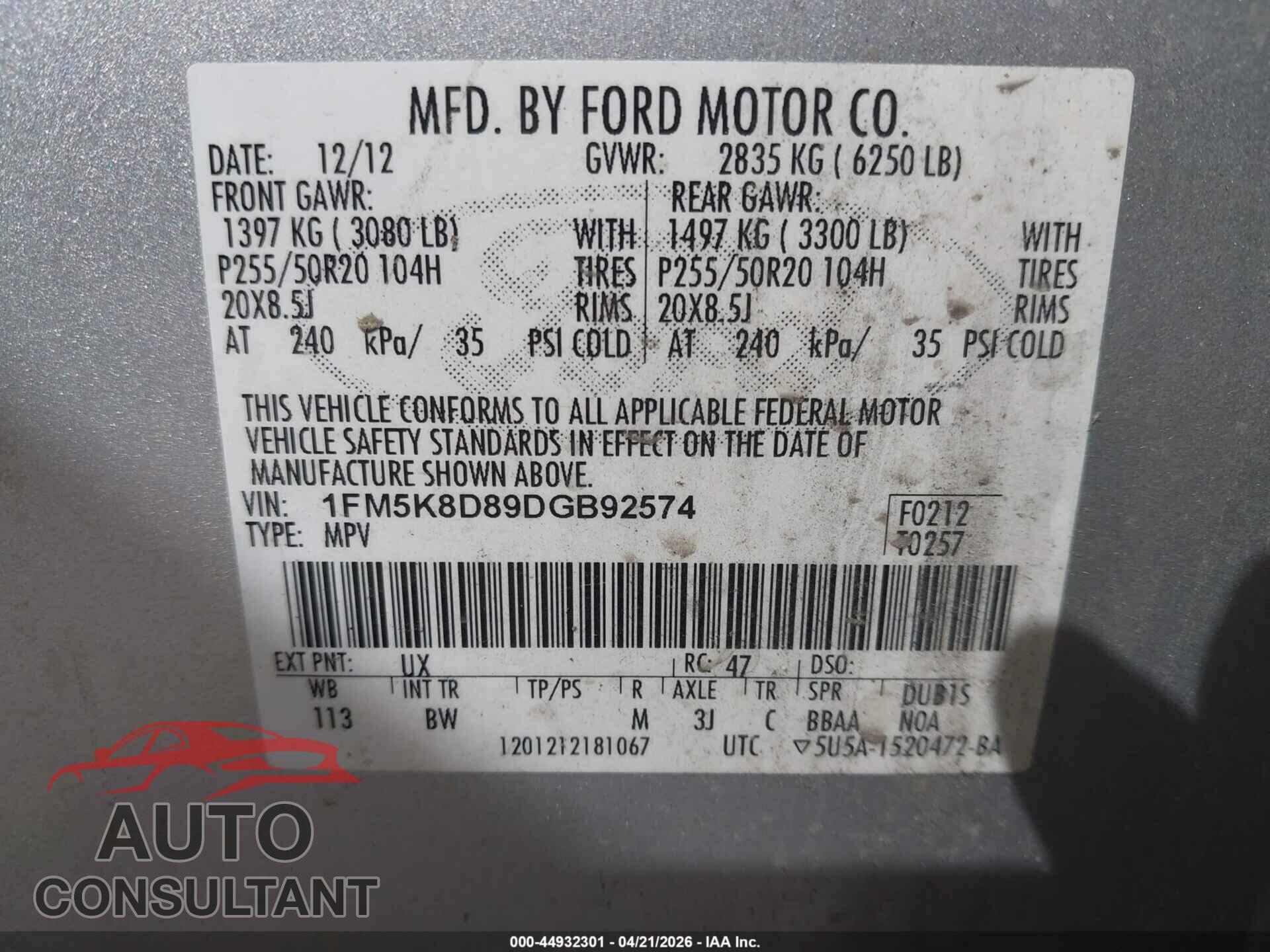 FORD EXPLORER 2013 - 1FM5K8D89DGB92574